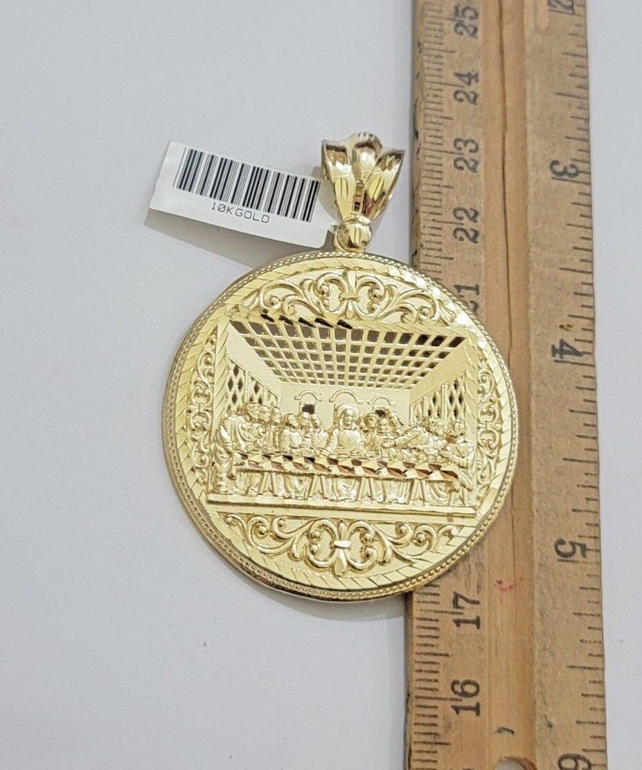 10k Yellow Gold Franco Chain Necklace Last Supper Charm Pendant 3mm 22"Inch SALE - GoldenlinQ