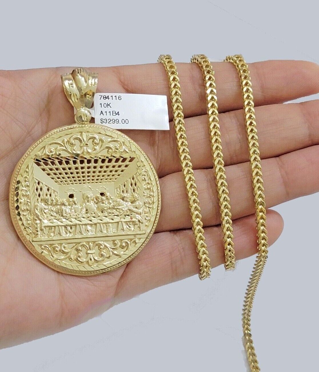 10k Yellow Gold Franco Chain Necklace Last Supper Charm Pendant 3mm 22"Inch SALE - GoldenlinQ