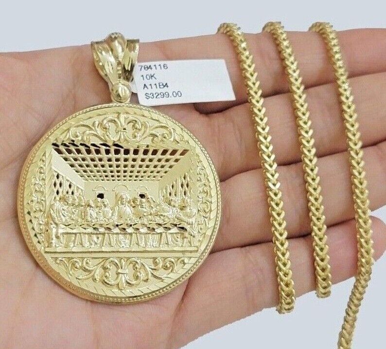 10k Yellow Gold Franco Chain Necklace Last Supper Charm Pendant 3mm 22"Inch SALE - GoldenlinQ