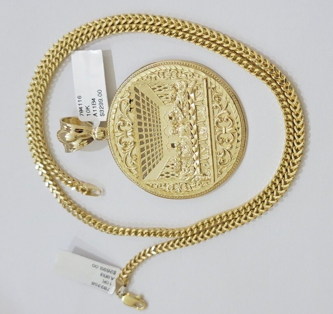 10k Yellow Gold Franco Chain Necklace Last Supper Charm Pendant 3mm 24"Inch 10kt - GoldenlinQ