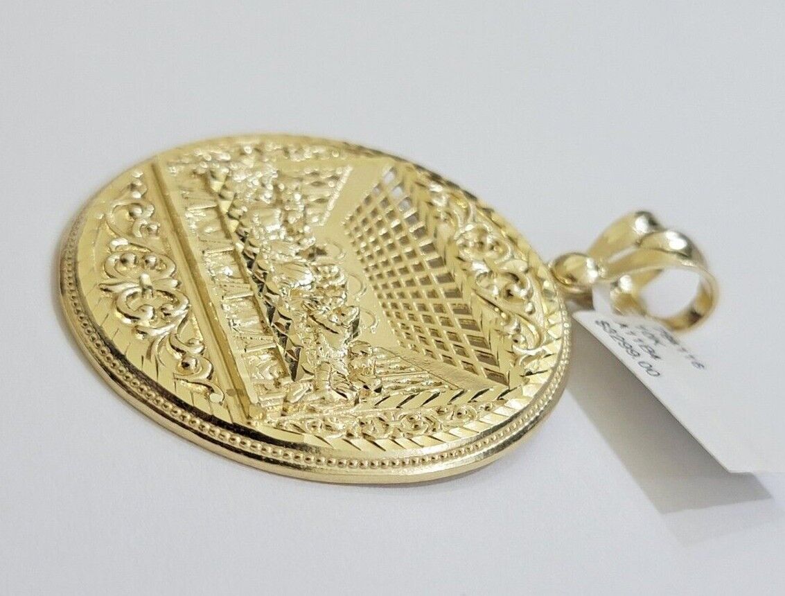 10k Yellow Gold Franco Chain Necklace Last Supper Charm Pendant 3mm 24"Inch 10kt - GoldenlinQ