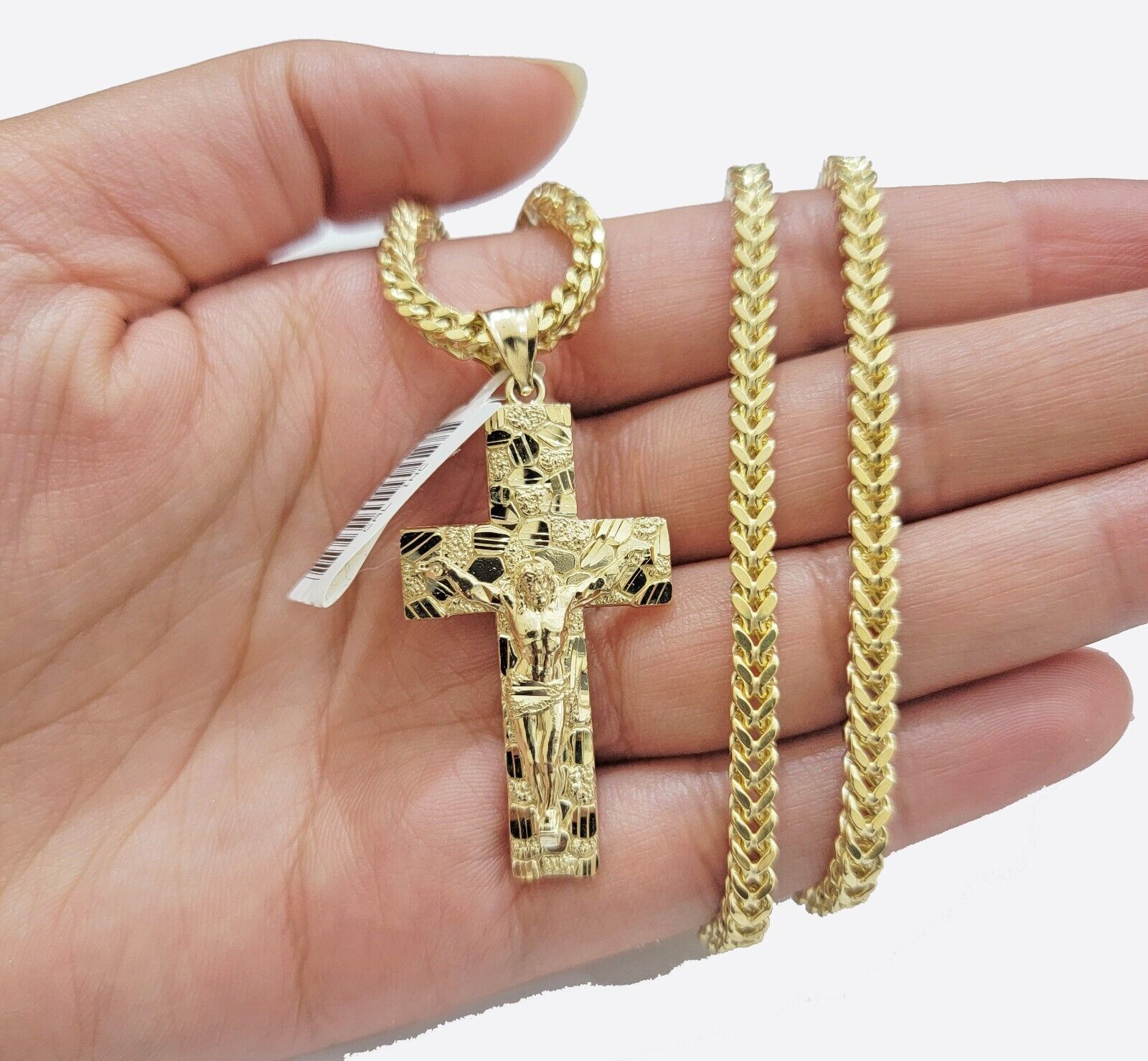 10k Yellow Gold Franco Chain & Nugget Charm 3mm 22" Inch Necklace Real 10KT SET - GoldenlinQ