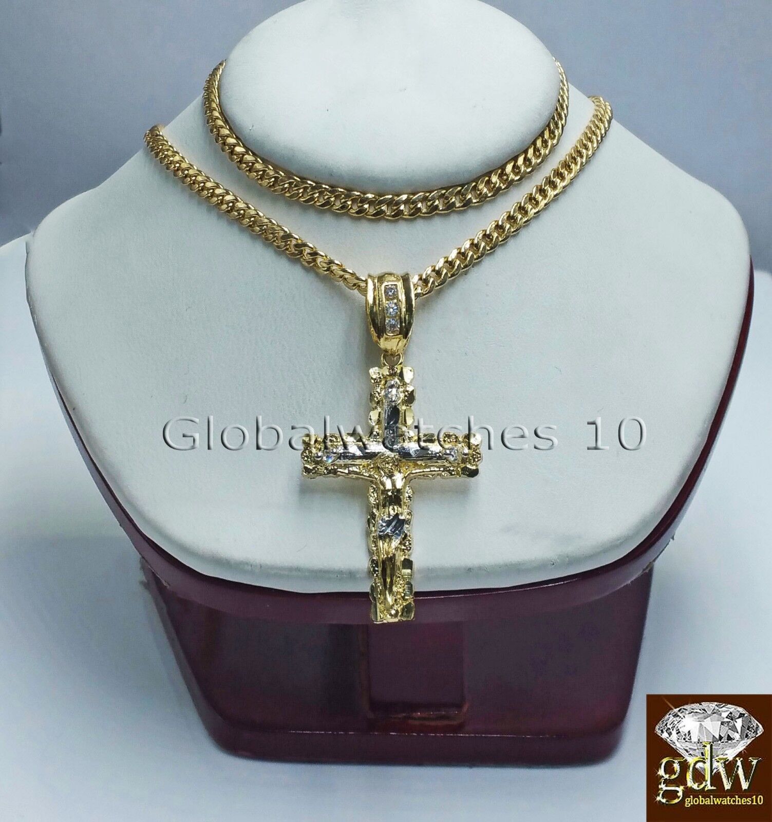 10k Yellow Gold Jesus Cross Charm Pendant 10K 22" Miami Cuban Chain SET Real - GoldenlinQ