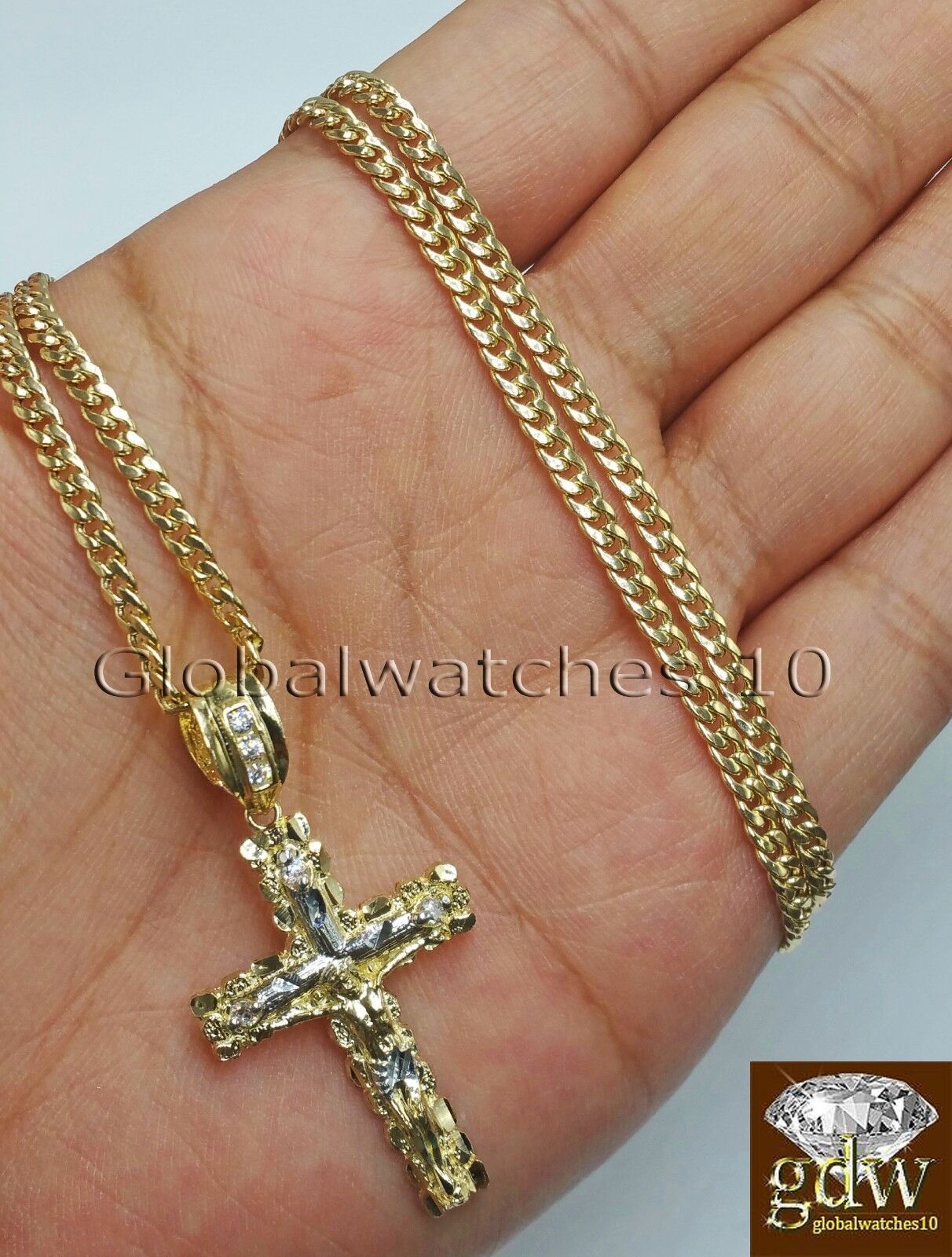 10k Yellow Gold Jesus Cross Charm Pendant 10K 22" Miami Cuban Chain SET Real - GoldenlinQ