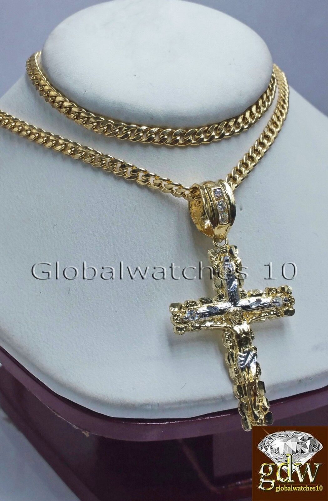 10k Yellow Gold Jesus Cross Charm Pendant 10K 22" Miami Cuban Chain SET Real - GoldenlinQ