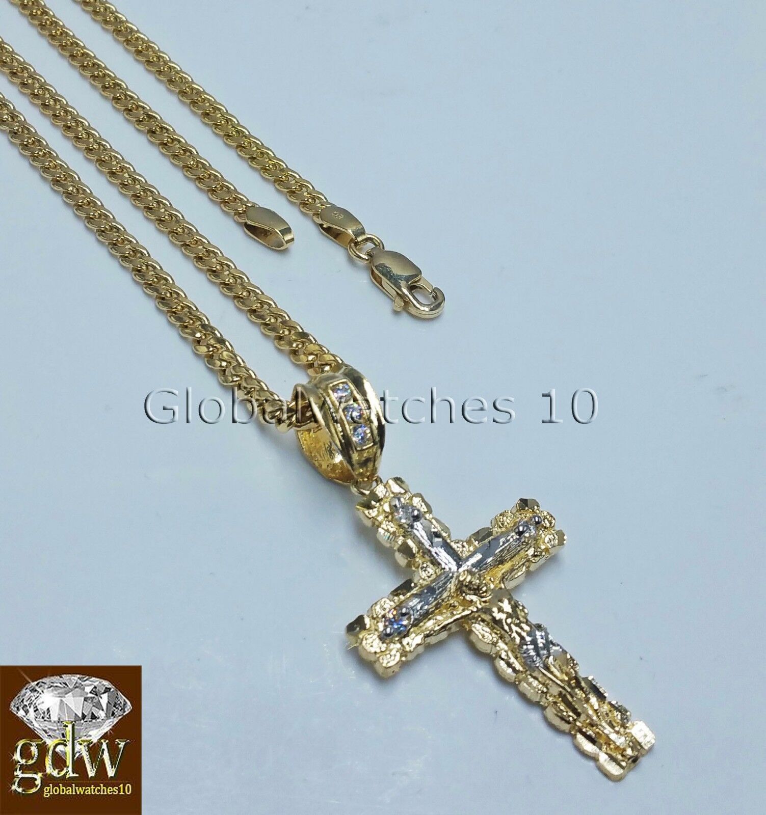 10k Yellow Gold Jesus Cross Charm Pendant 10K 22" Miami Cuban Chain SET Real - GoldenlinQ