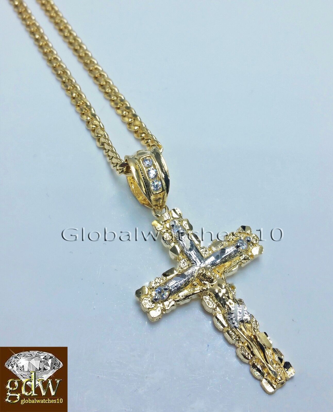 10k Yellow Gold Jesus Cross Charm Pendant 10K 24" Miami Cuban Chain SET Real - GoldenlinQ