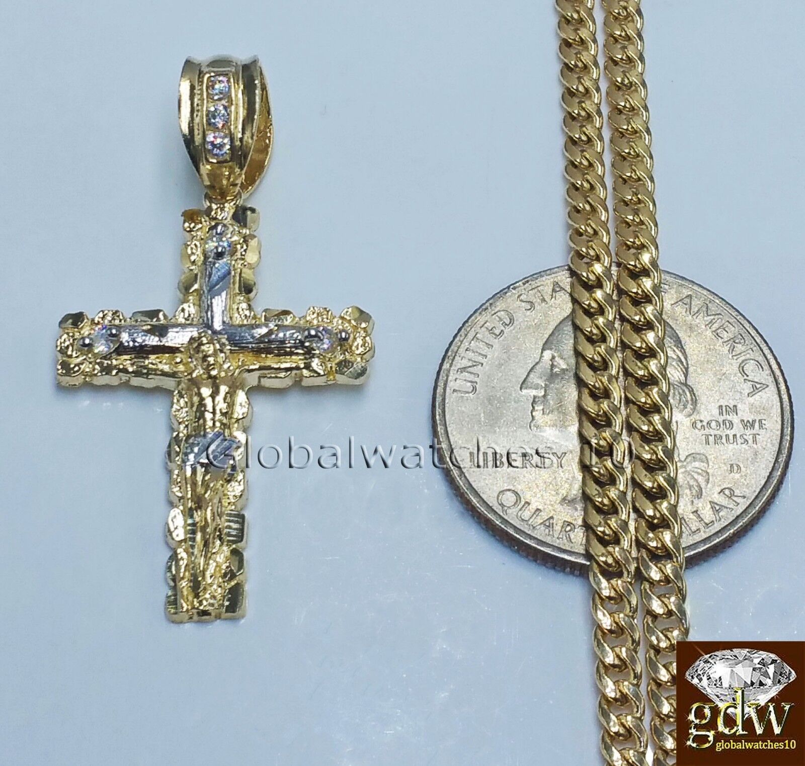 10k Yellow Gold Jesus Cross Charm Pendant 10K 24" Miami Cuban Chain SET Real - GoldenlinQ