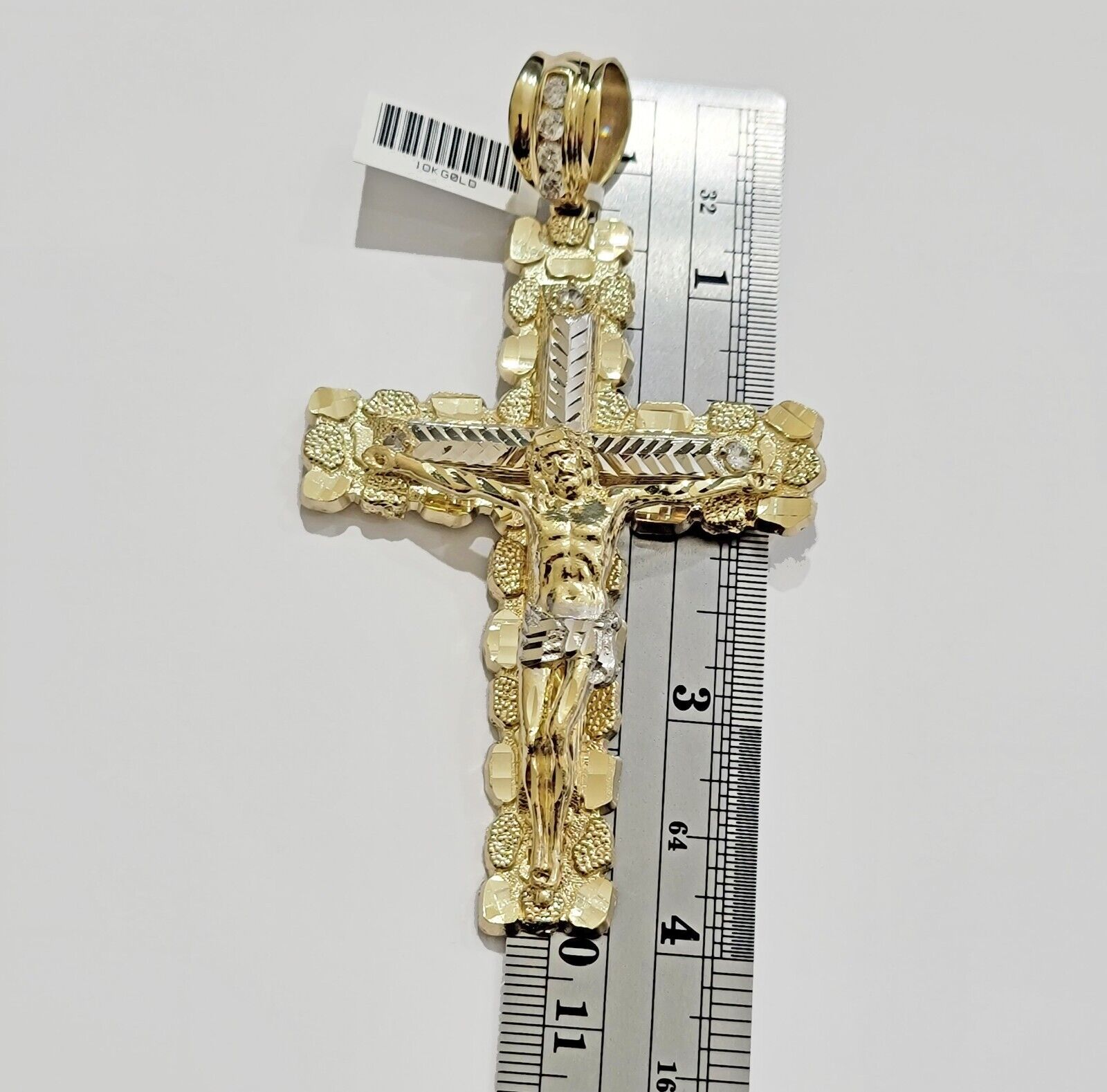 10k Yellow Gold Jesus Cross Charm pendant 4" Inch Mens With Stone, Real 10kt for Sale - GoldenLinQ