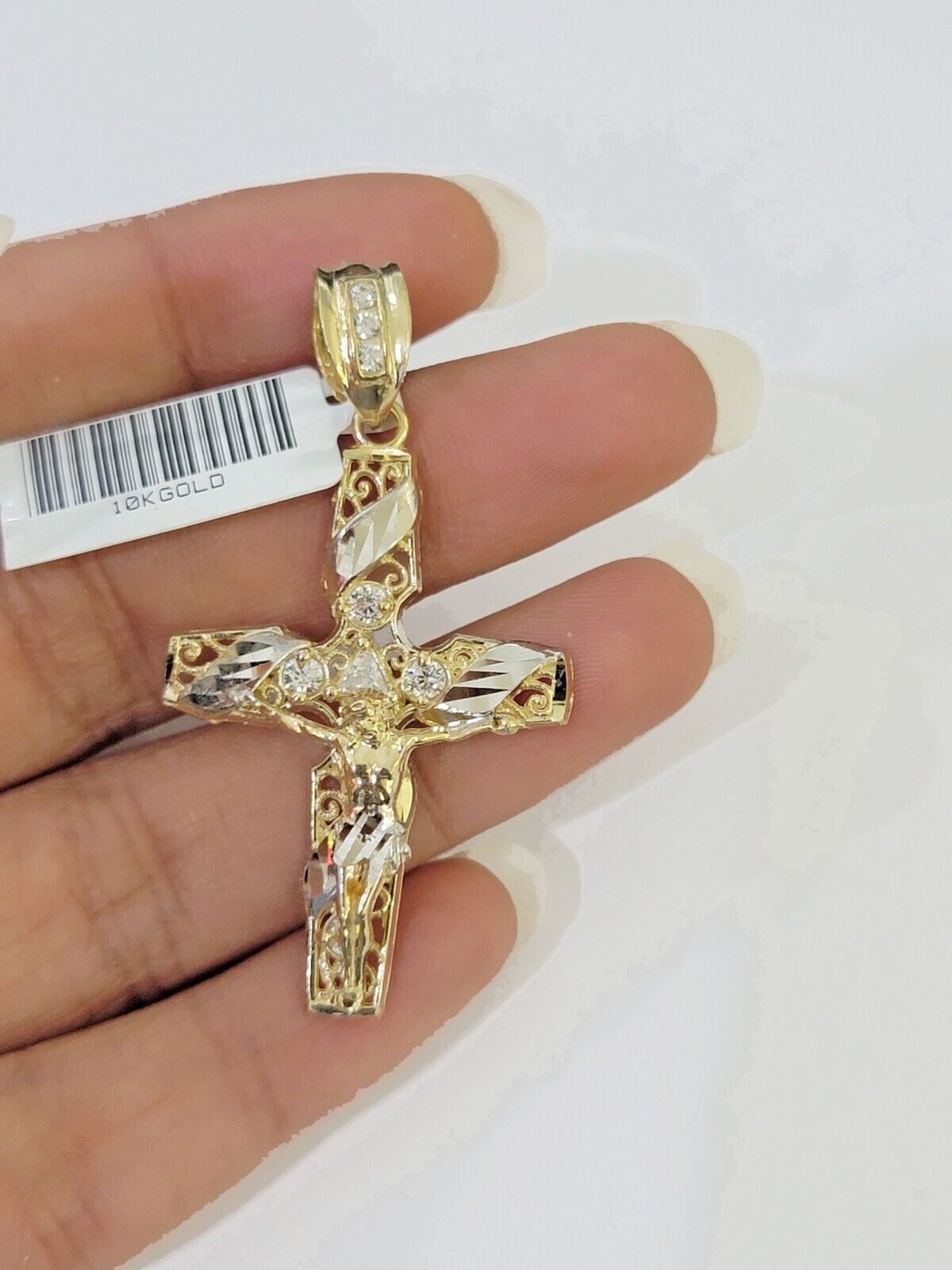 10k Yellow Gold Jesus Cross Spiral Charm pendant Diamond Cut Crucifix - GoldenlinQ
