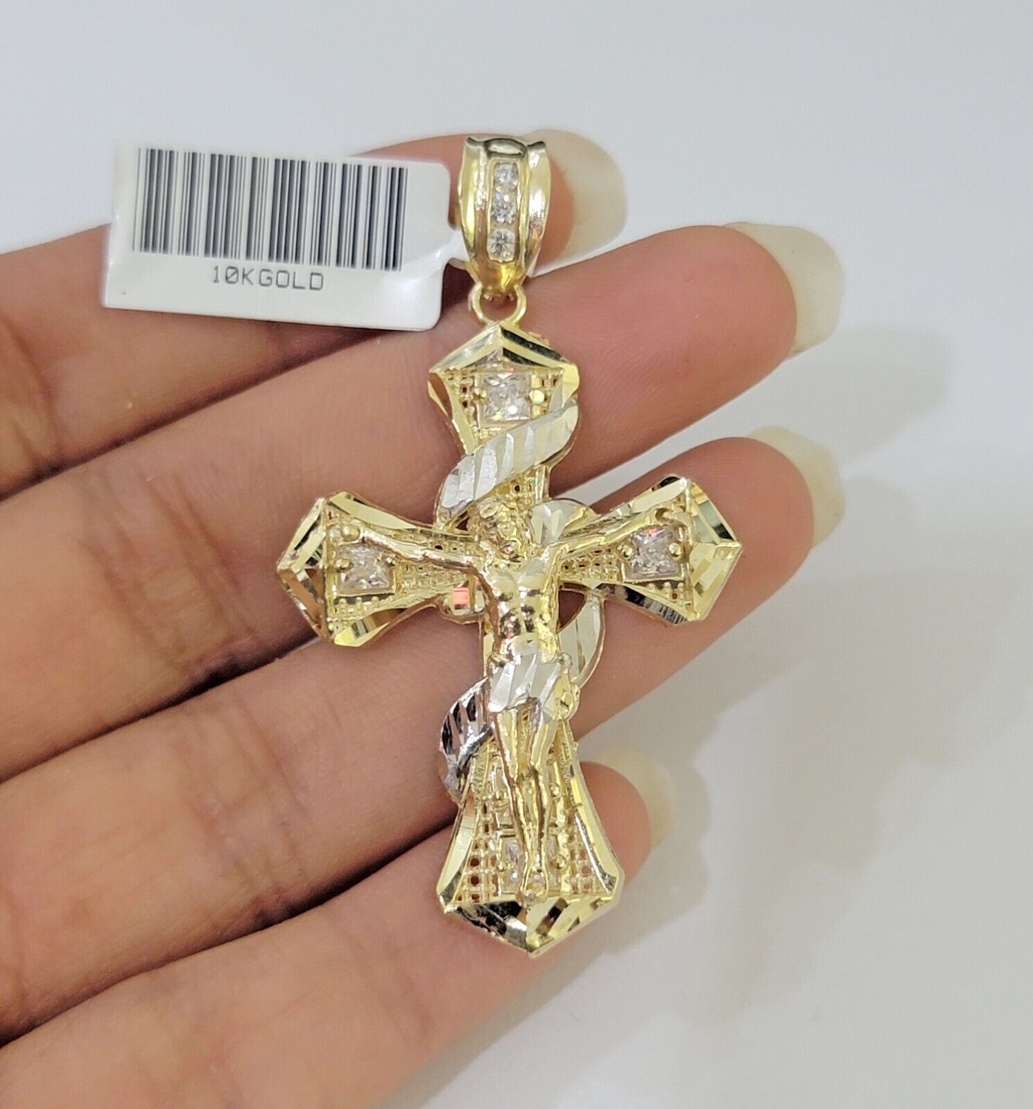 10k Yellow Gold Jesus Cross Spiral Charm pendant Diamond Cut Crucifix 2" - GoldenlinQ