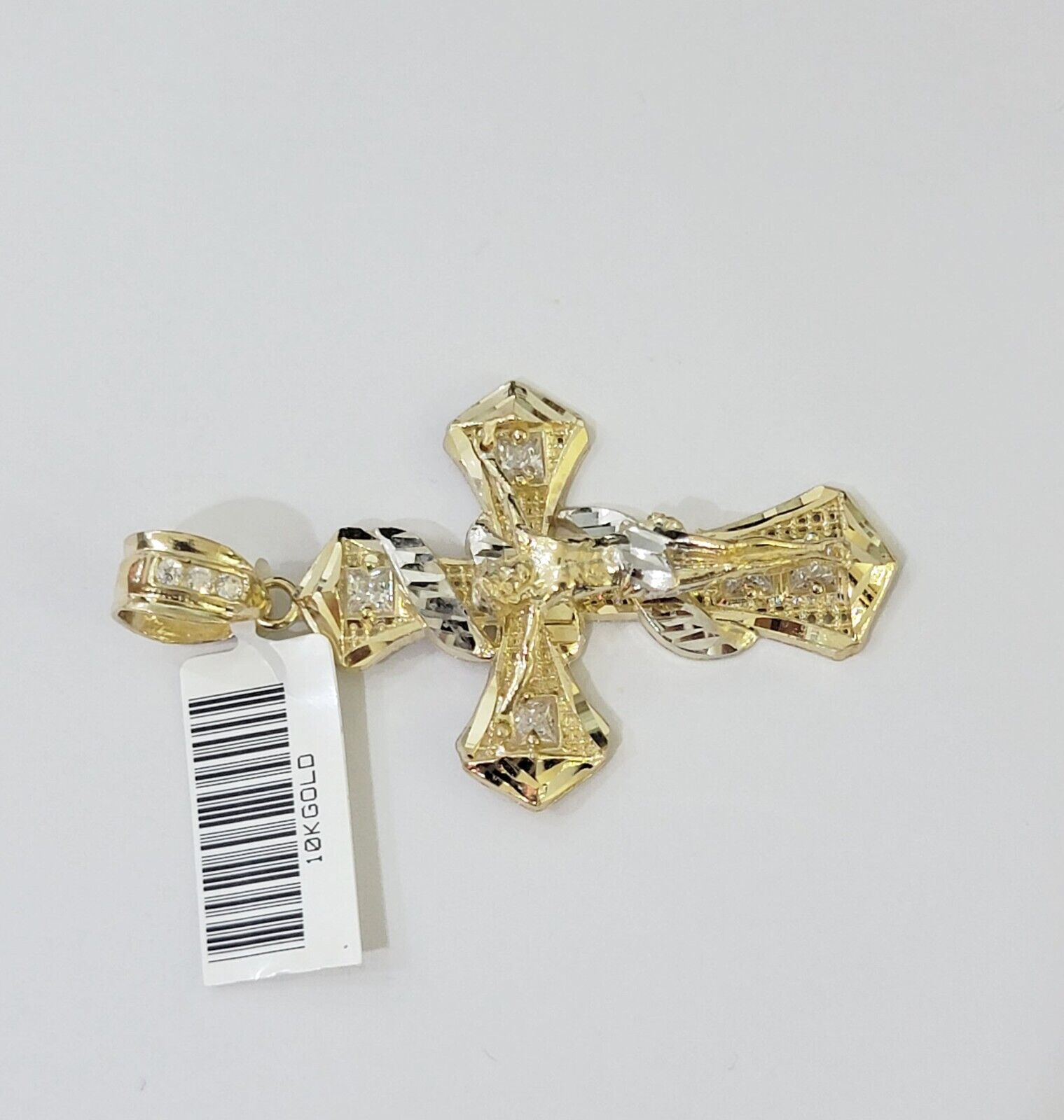 10k Yellow Gold Jesus Cross Spiral Charm pendant Diamond Cut Crucifix 2" - GoldenlinQ