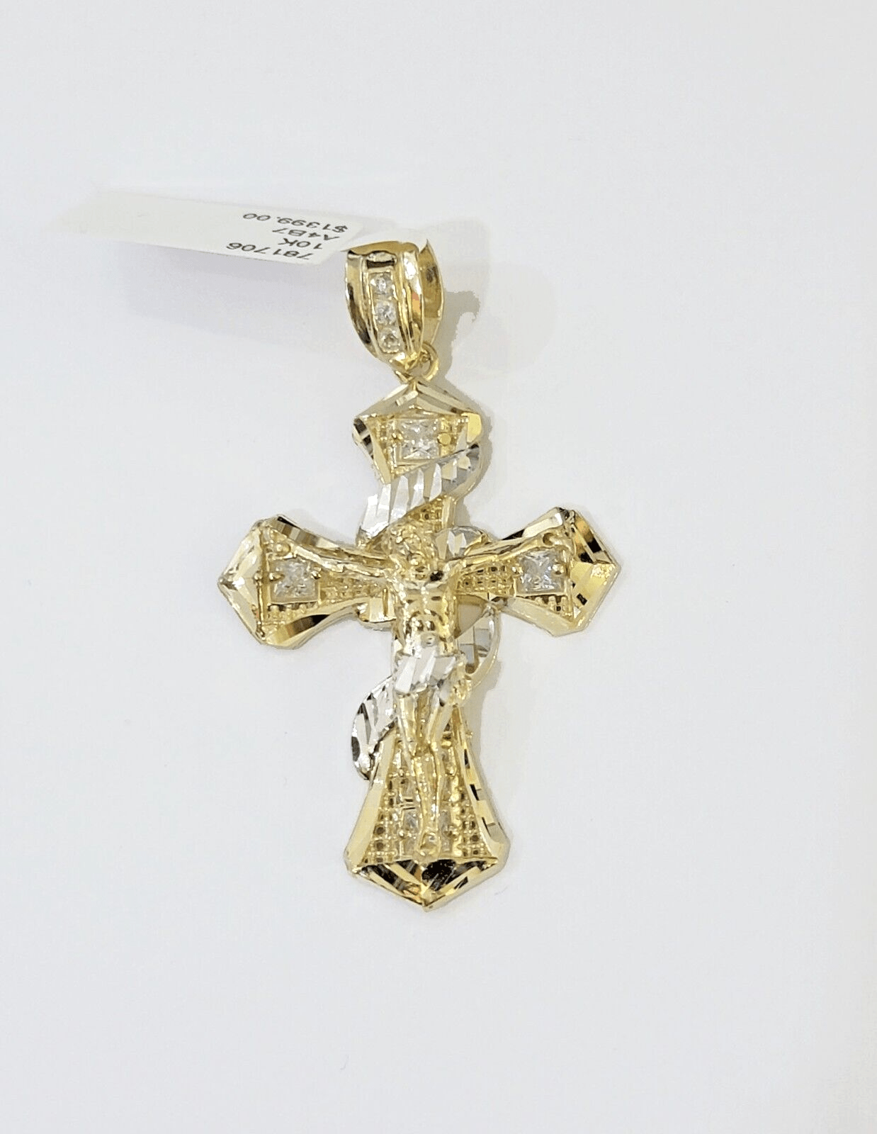 10k Yellow Gold Jesus Cross Spiral Charm pendant Diamond Cut Crucifix 2" - GoldenlinQ