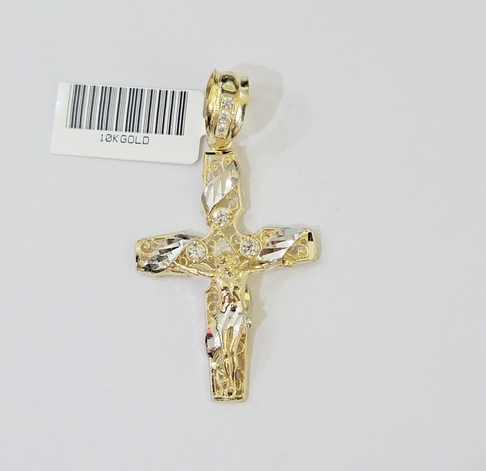 10k Yellow Gold Jesus Cross Spiral Charm pendant Diamond Cut Crucifix - GoldenlinQ