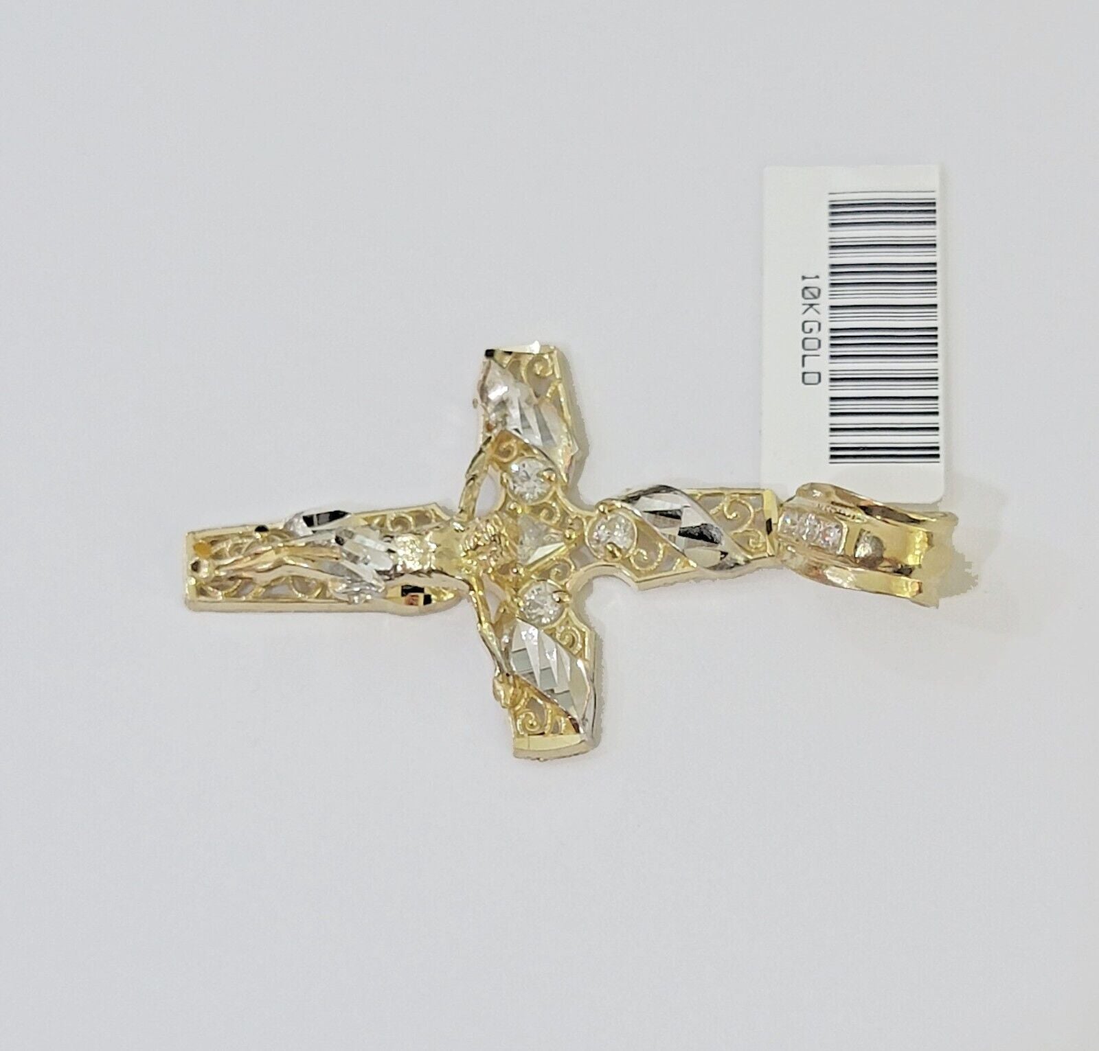 10k Yellow Gold Jesus Cross Spiral Charm pendant Diamond Cut Crucifix - GoldenlinQ