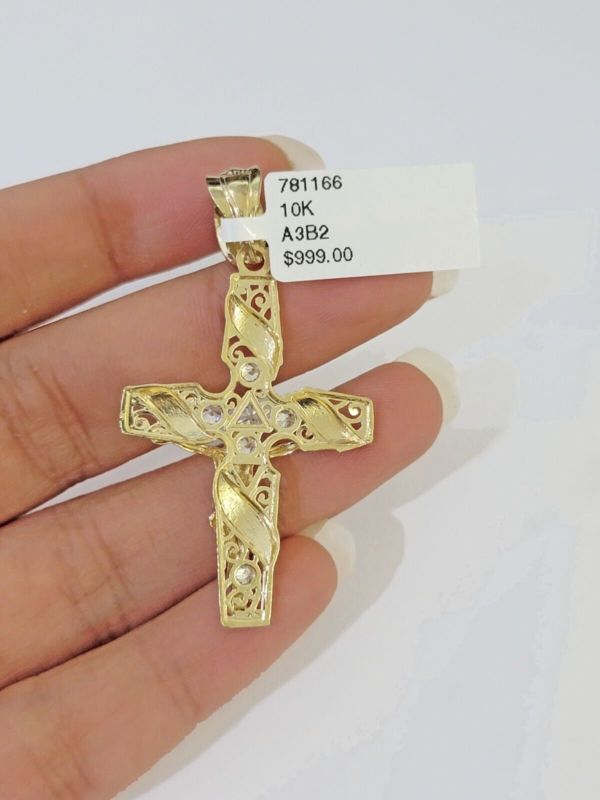 10k Yellow Gold Jesus Cross Spiral Charm pendant Diamond Cut Crucifix - GoldenlinQ
