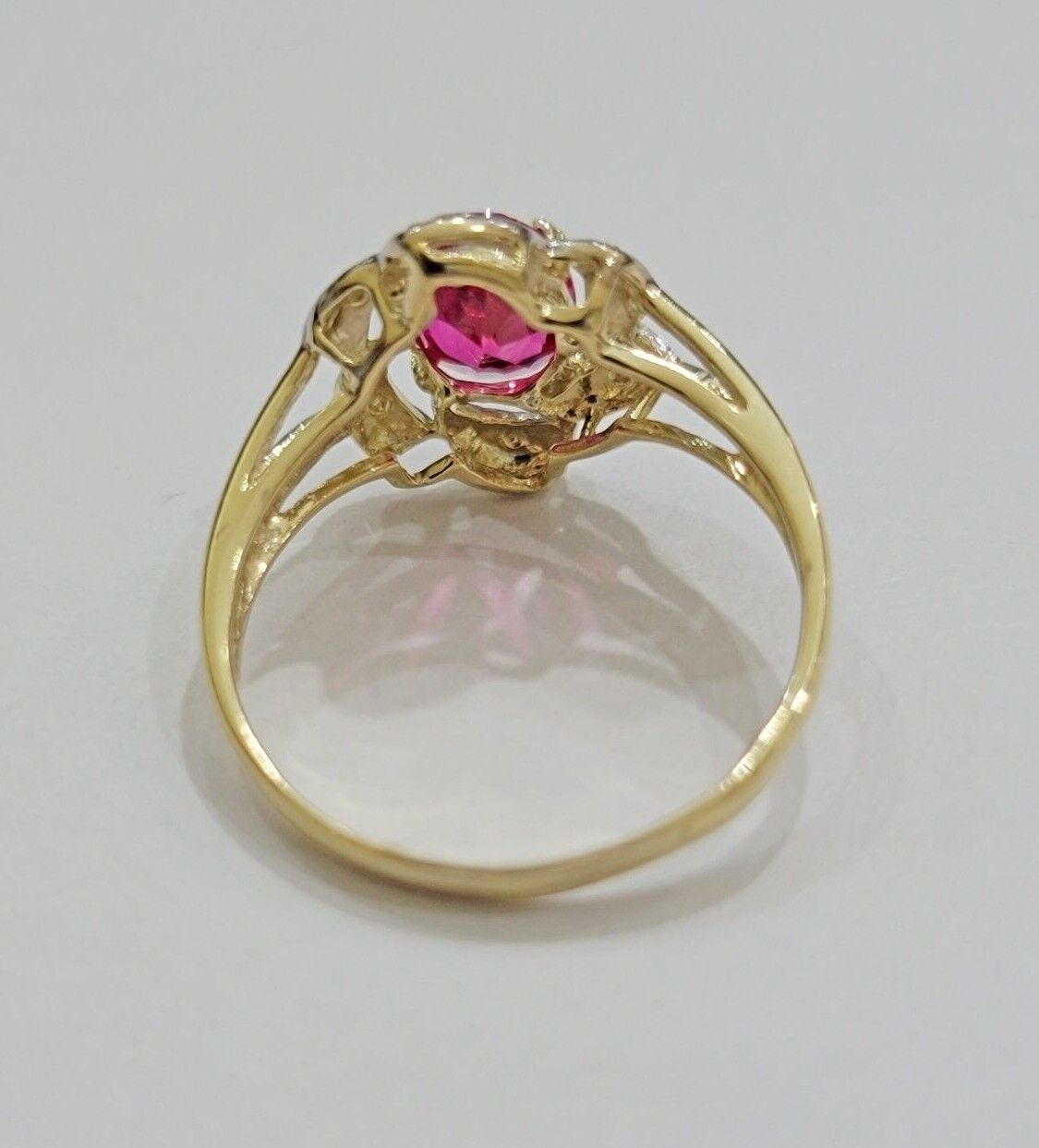10k Yellow Gold Ladies Ruby Red Ring Women's Casual Band Real 10kt Flower Design - GoldenlinQ