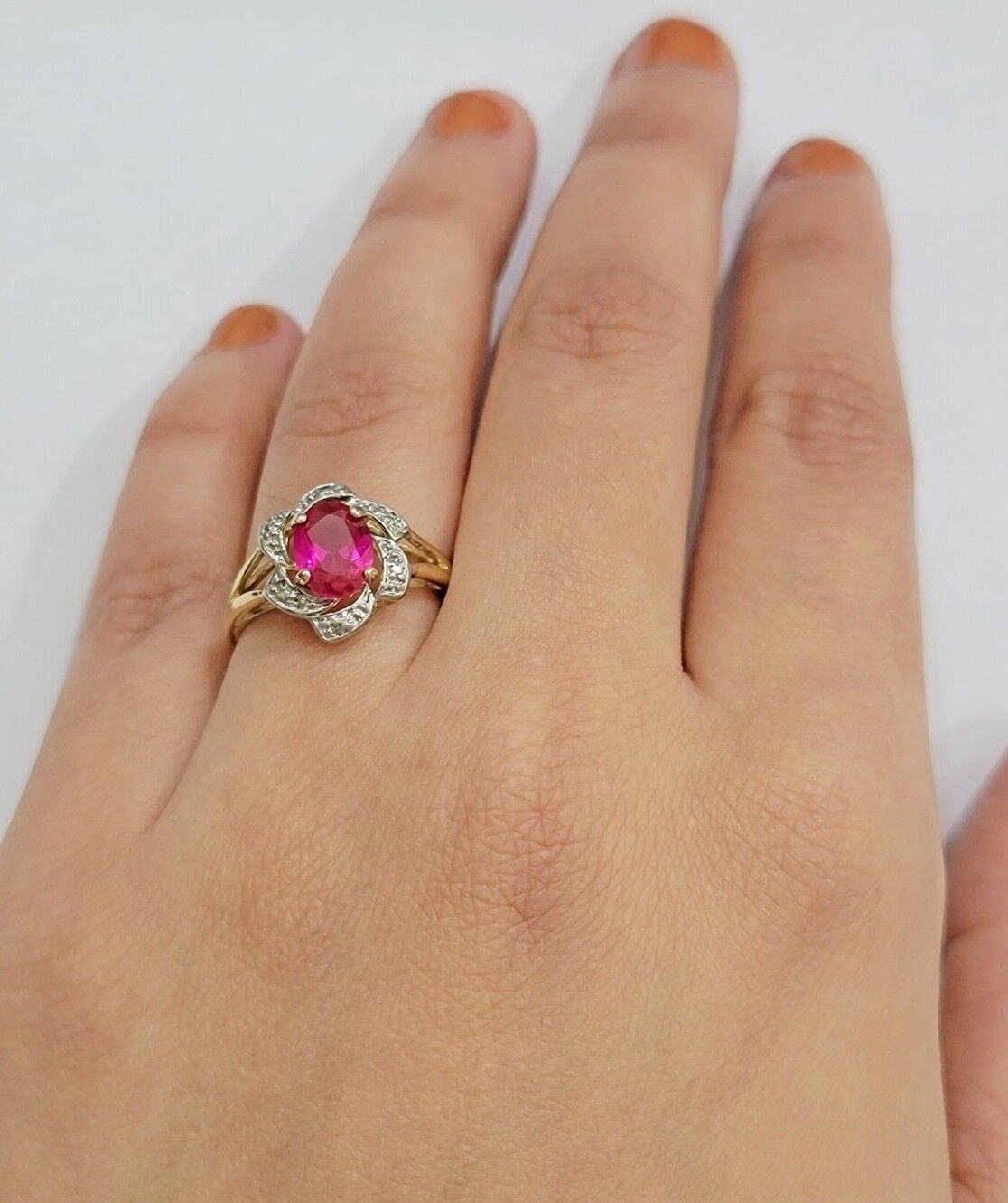 10k Yellow Gold Ladies Ruby Red Ring Women's Casual Band Real 10kt Flower Design - GoldenlinQ