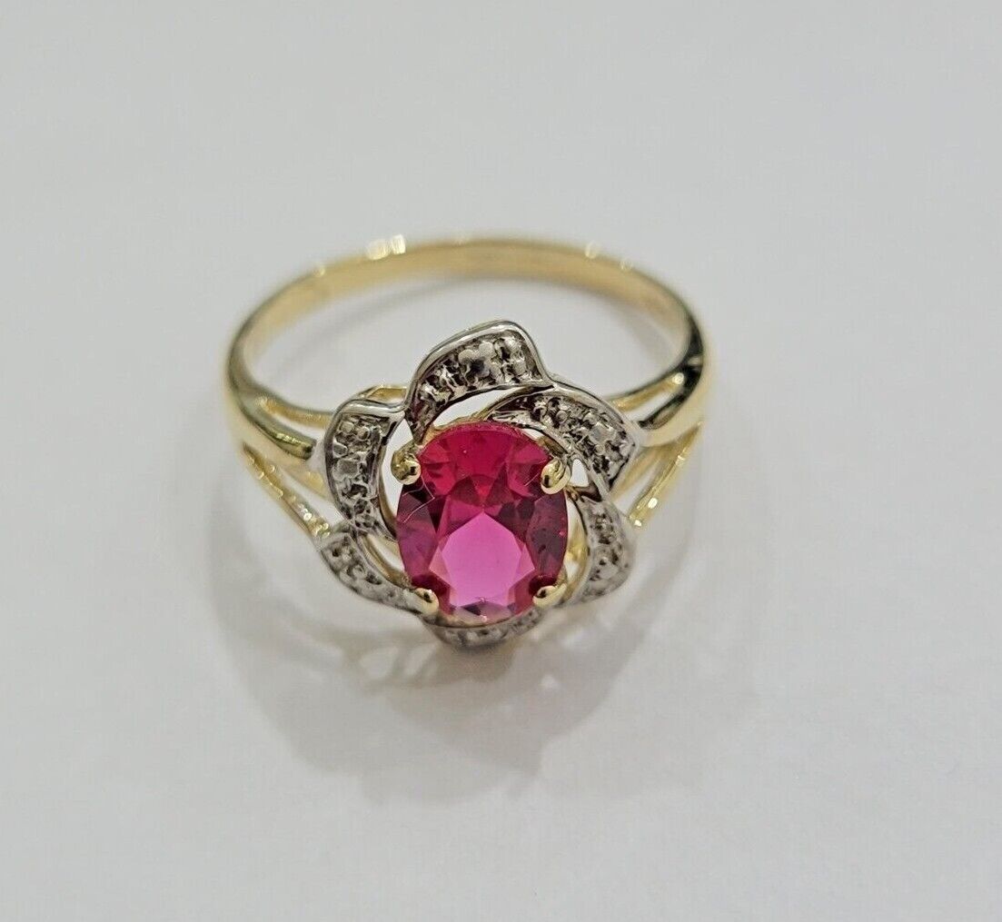 10k Yellow Gold Ladies Ruby Red Ring Women's Casual Band Real 10kt Flower Design - GoldenlinQ
