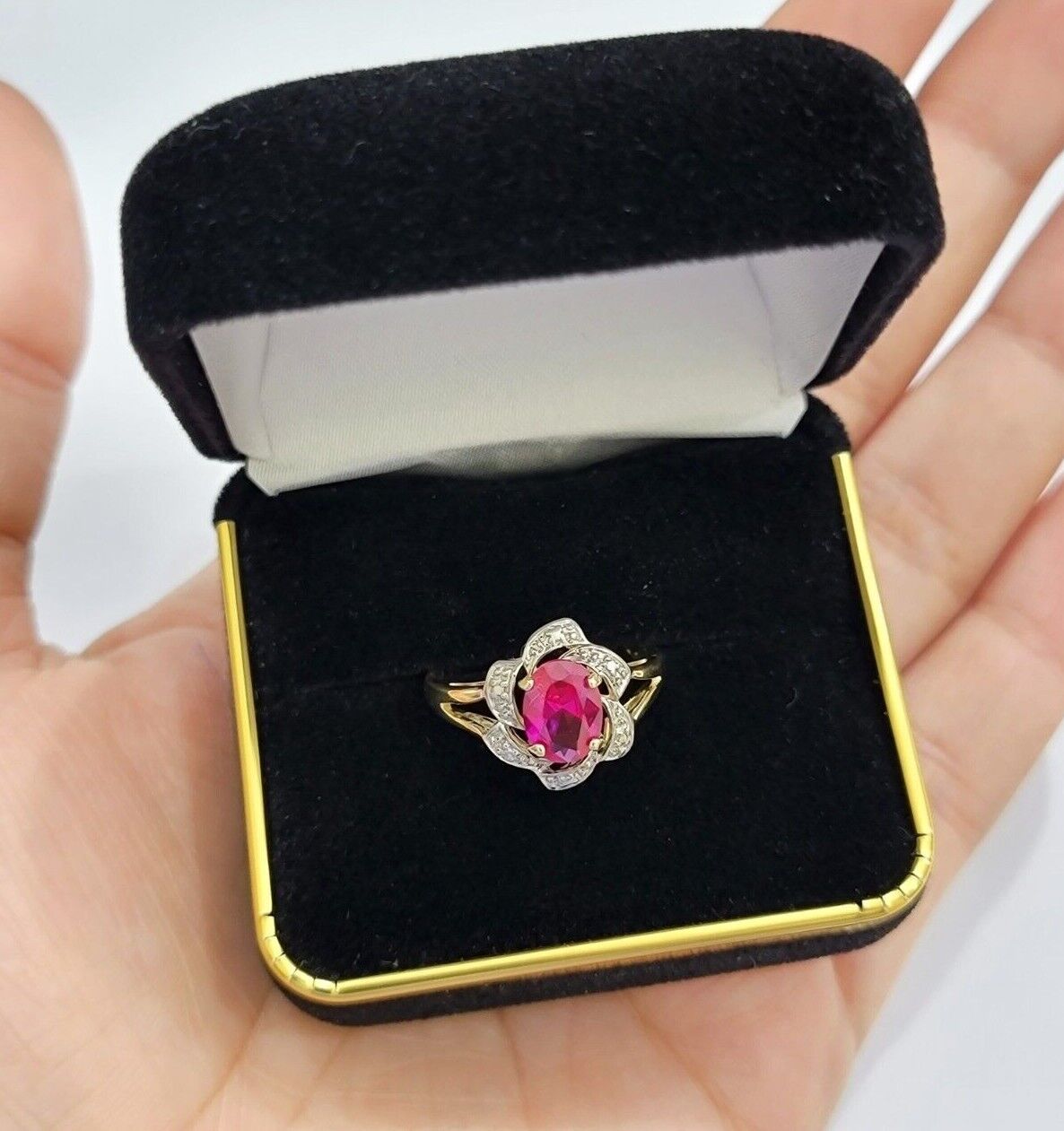 10k Yellow Gold Ladies Ruby Red Ring Women's Casual Band Real 10kt Flower Design - GoldenlinQ