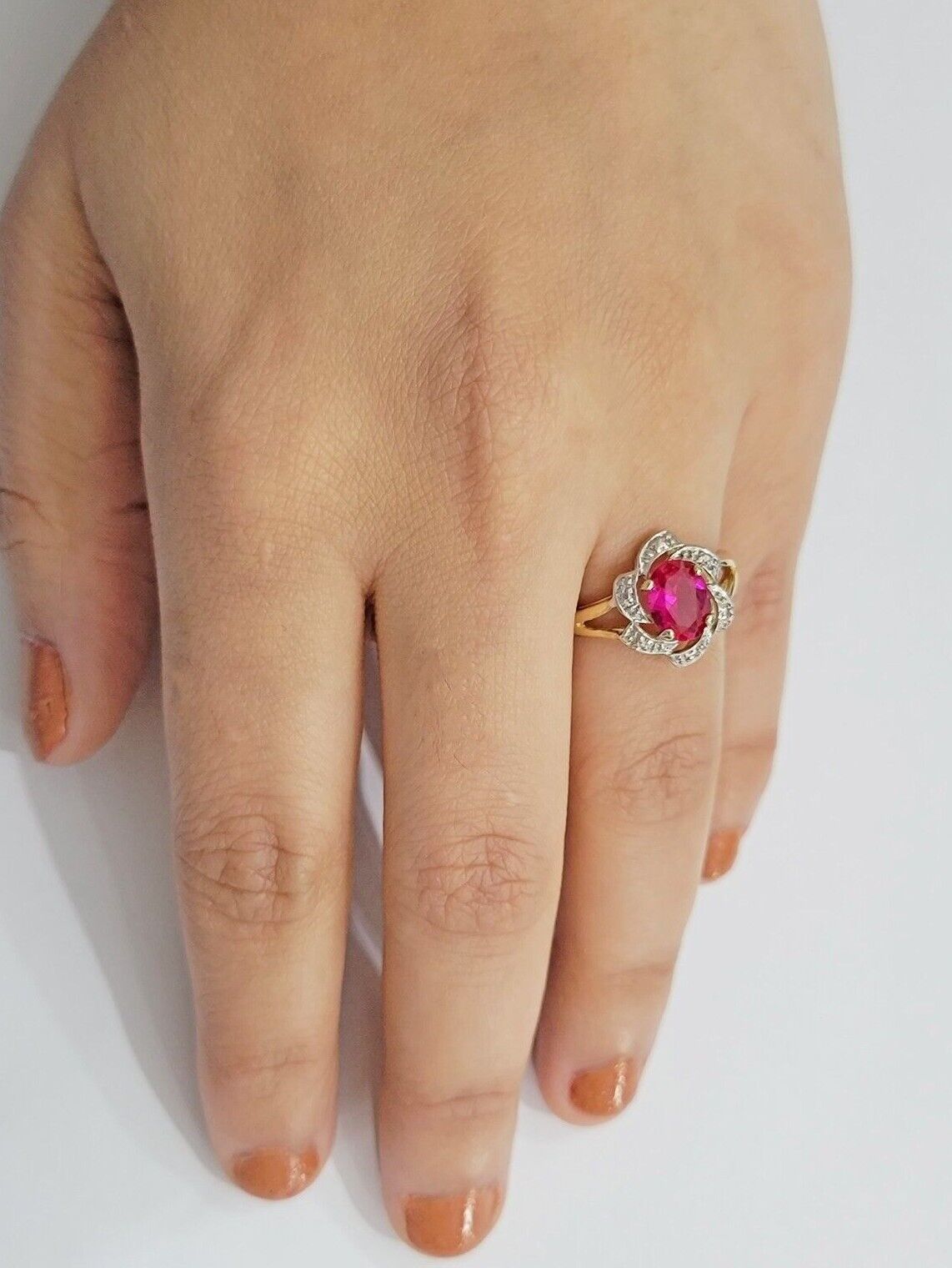 10k Yellow Gold Ladies Ruby Red Ring Women's Casual Band Real 10kt Flower Design - GoldenlinQ