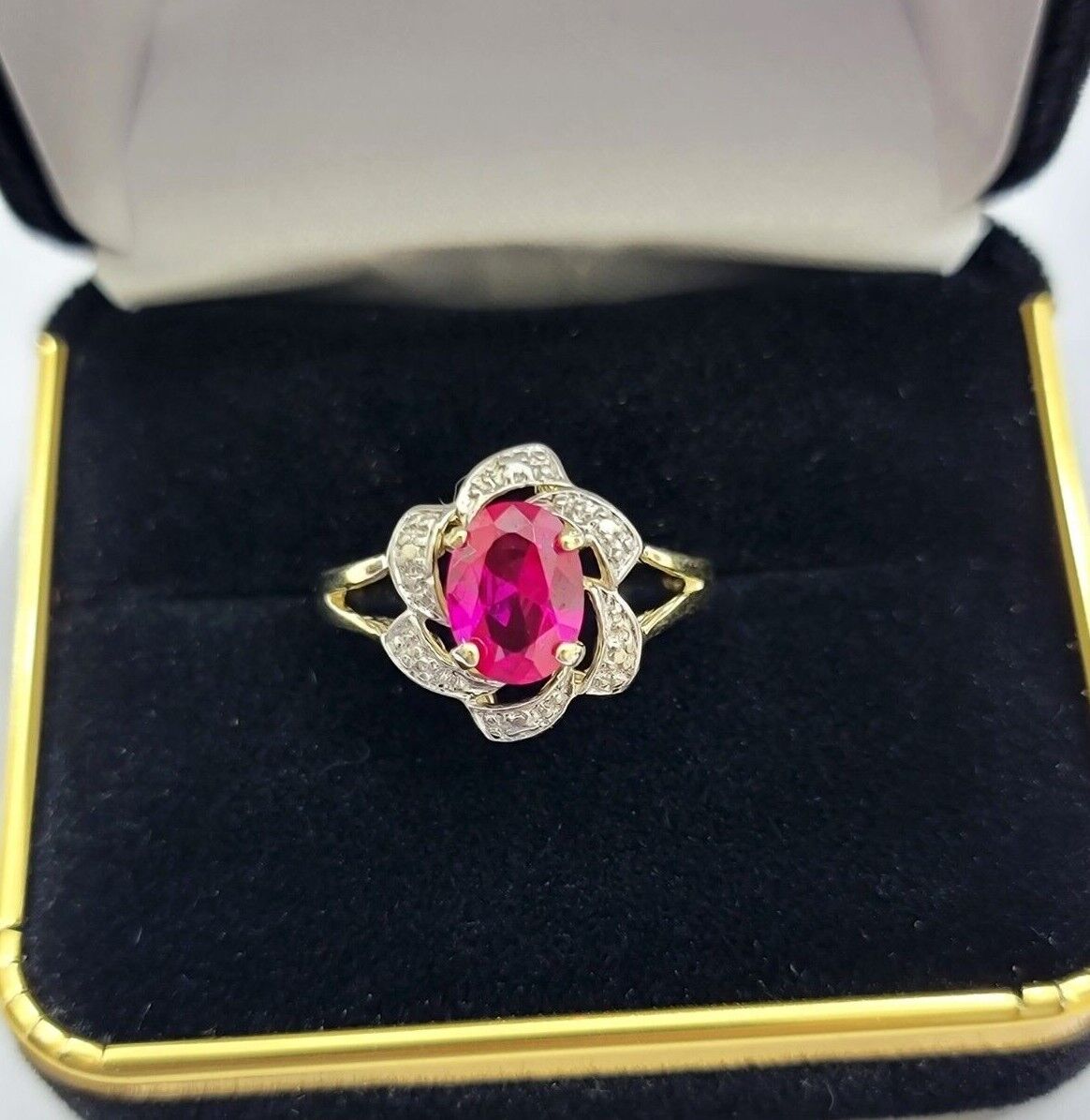 10k Yellow Gold Ladies Ruby Red Ring Women's Casual Band Real 10kt Flower Design - GoldenlinQ