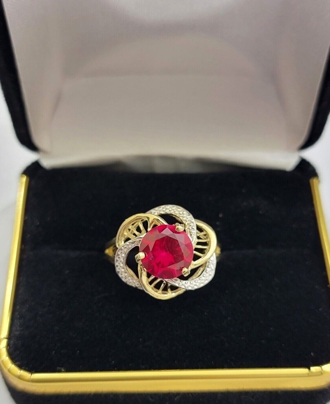 10k Yellow Gold Ladies Ruby Red Ring Womens Casual Band SALE Real 10kt Brand New - GoldenlinQ