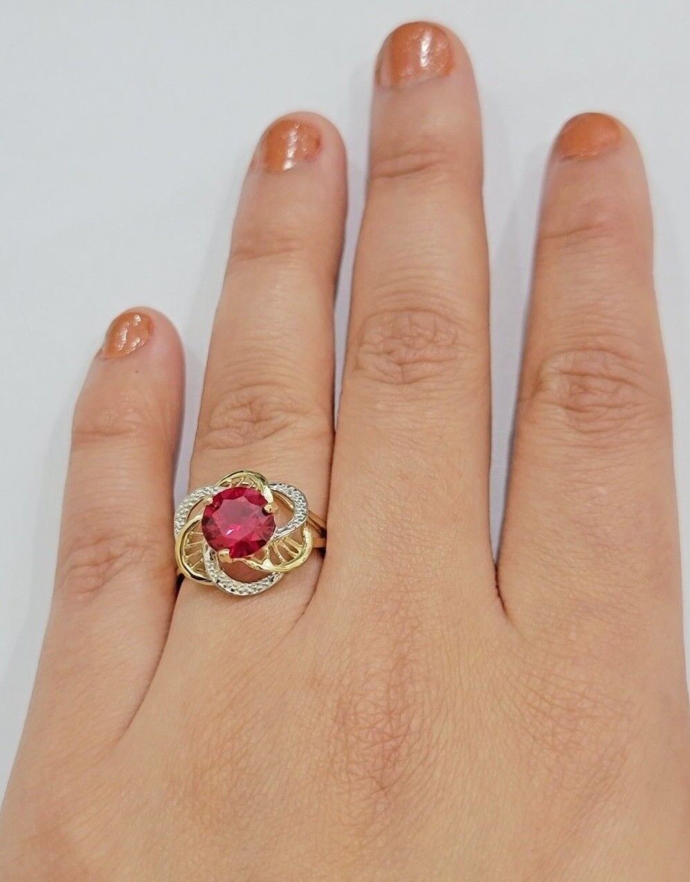 10k Yellow Gold Ladies Ruby Red Ring Womens Casual Band SALE Real 10kt Brand New - GoldenlinQ