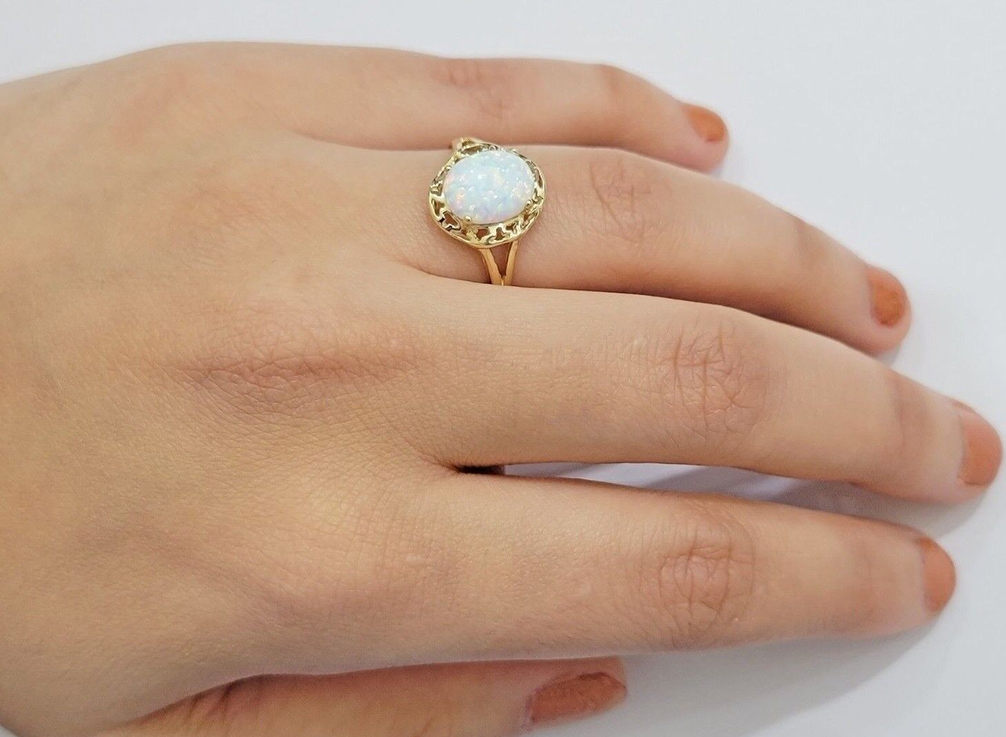 10k Yellow Gold Ladies White Opal Ring For Women Casual Band SALE Real Brand New - GoldenlinQ