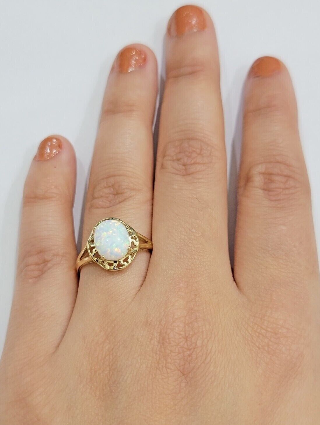 10k Yellow Gold Ladies White Opal Ring For Women Casual Band SALE Real Brand New - GoldenlinQ