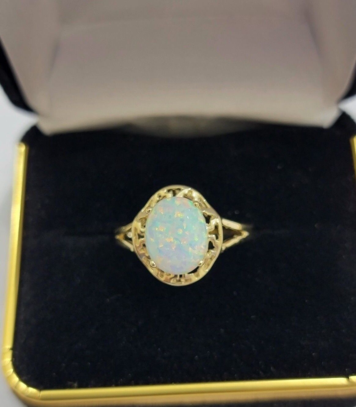 10k Yellow Gold Ladies White Opal Ring For Women Casual Band SALE Real Brand New - GoldenlinQ