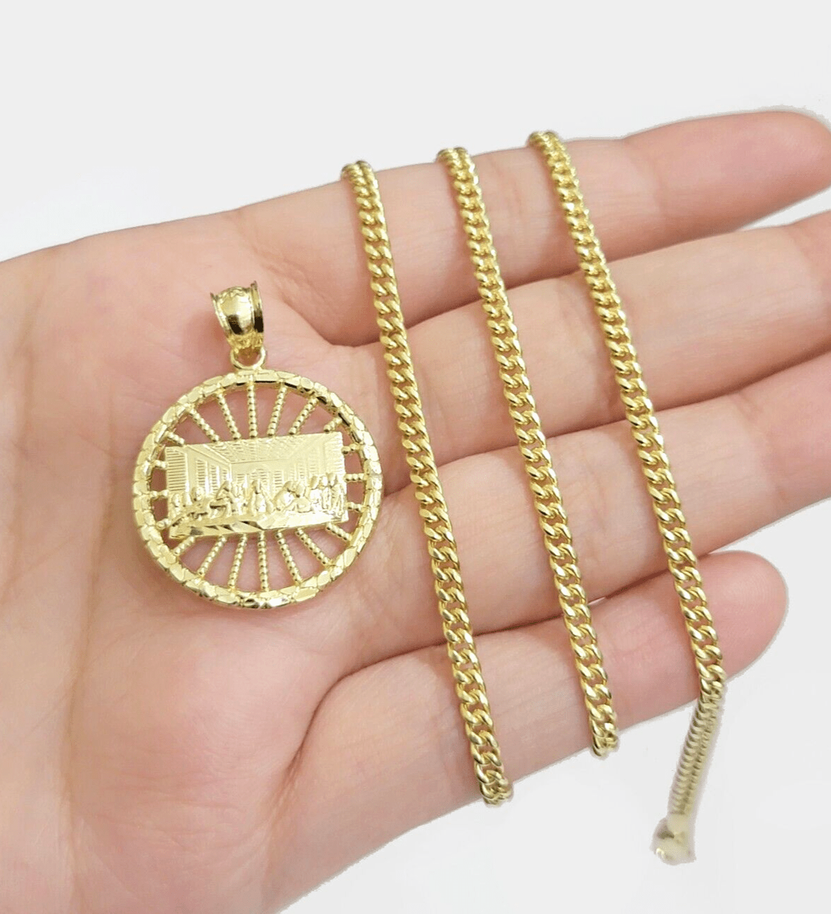 10k Yellow Gold Last Supper Charm Miami Cuban Chain 18'' 10kt Pendant Necklace - GoldenlinQ