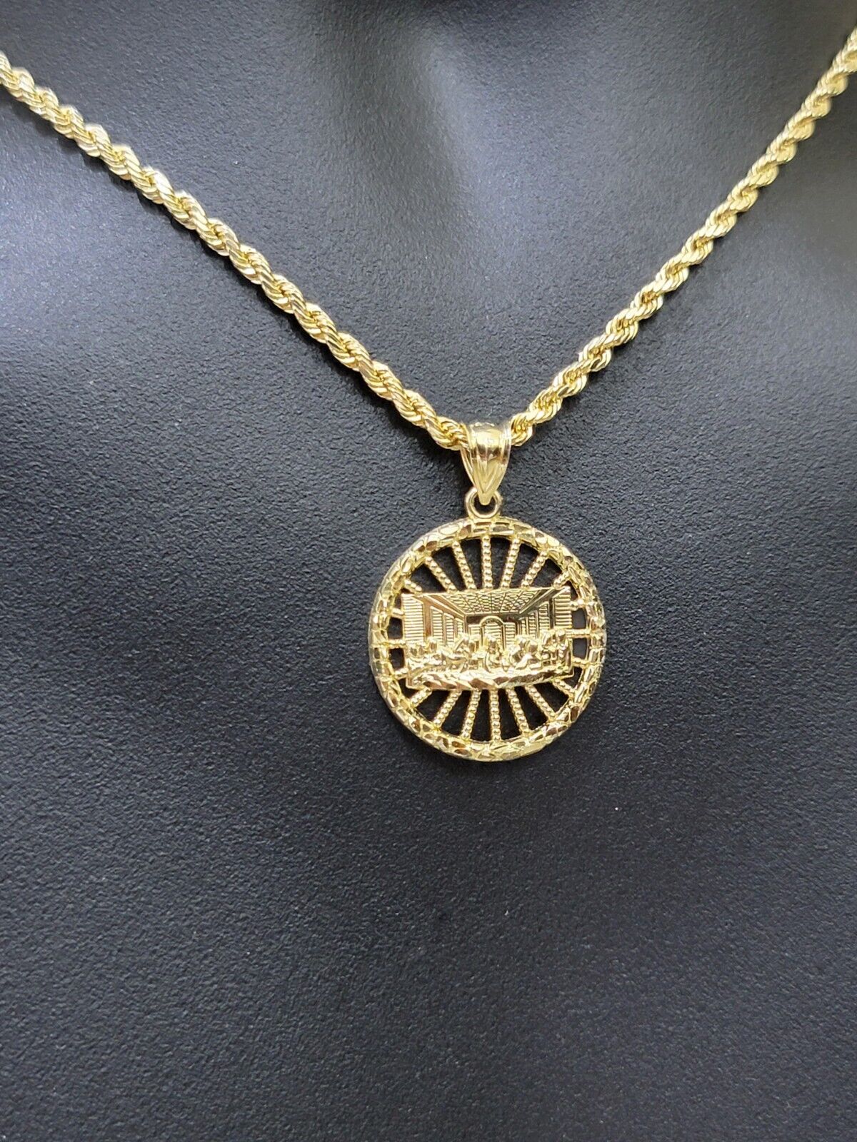 10k Yellow Gold Last Supper Charm Rope Chain 22'' 10kt Circle Pendant Necklace - GoldenlinQ