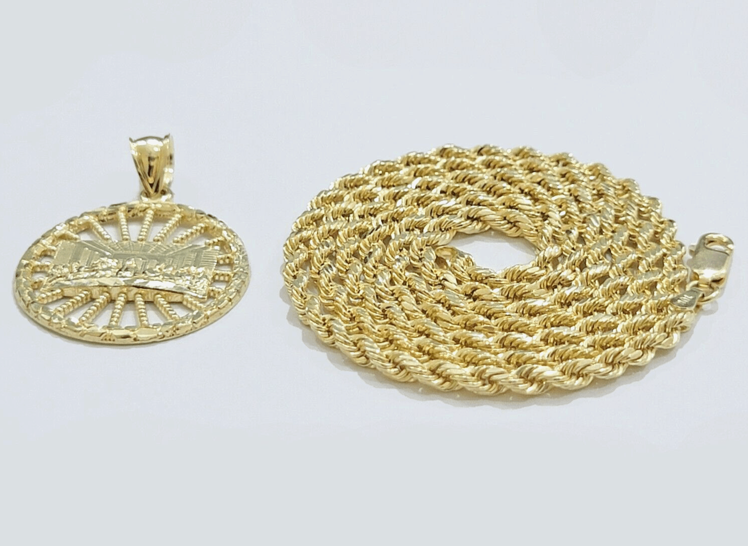 10k Yellow Gold Last Supper Charm Rope Chain 22'' 10kt Circle Pendant Necklace - GoldenlinQ