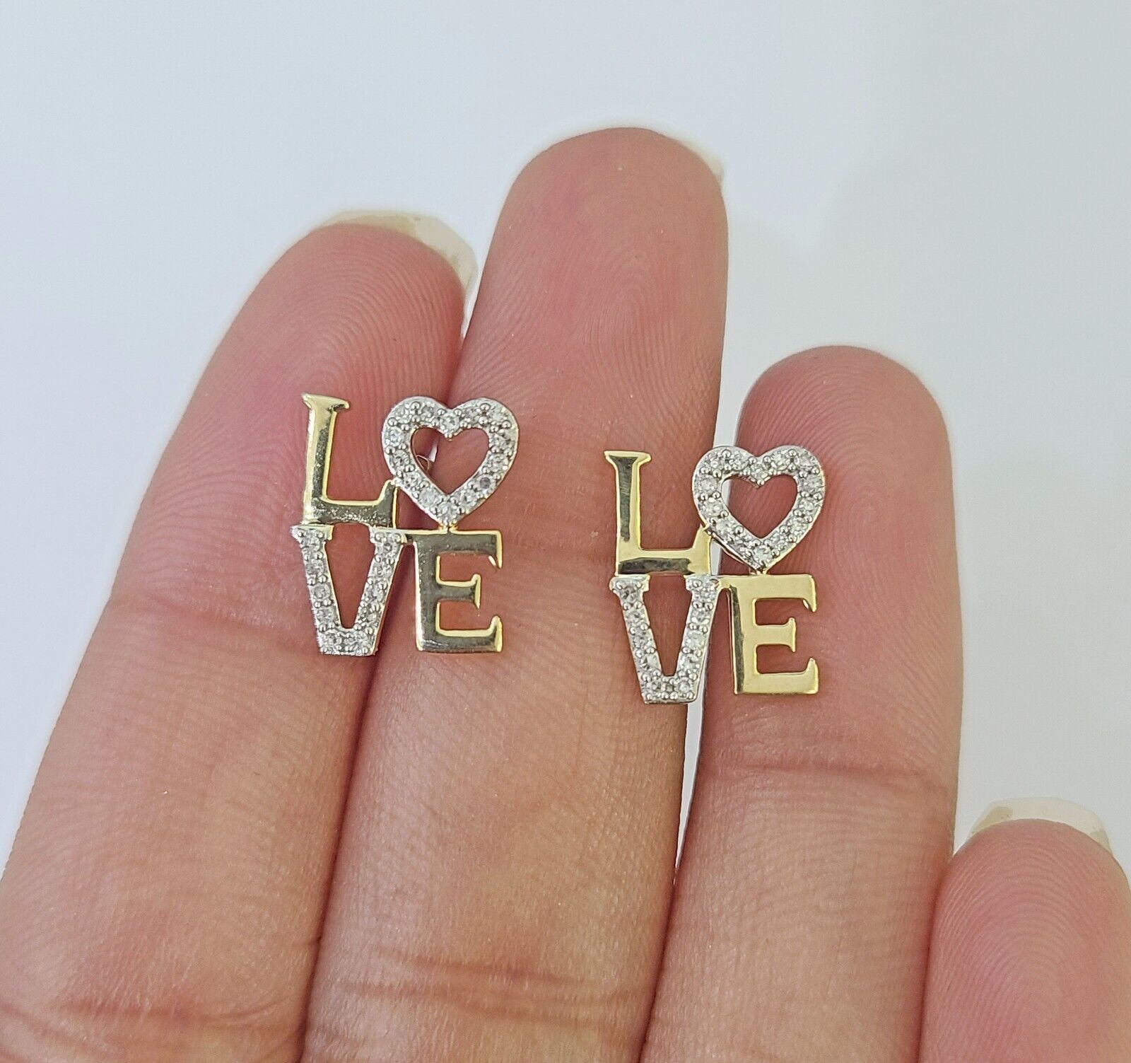 10k Yellow gold LOVE Heart Earrings Real Diamond screw - back Women Men studs - GoldenlinQ