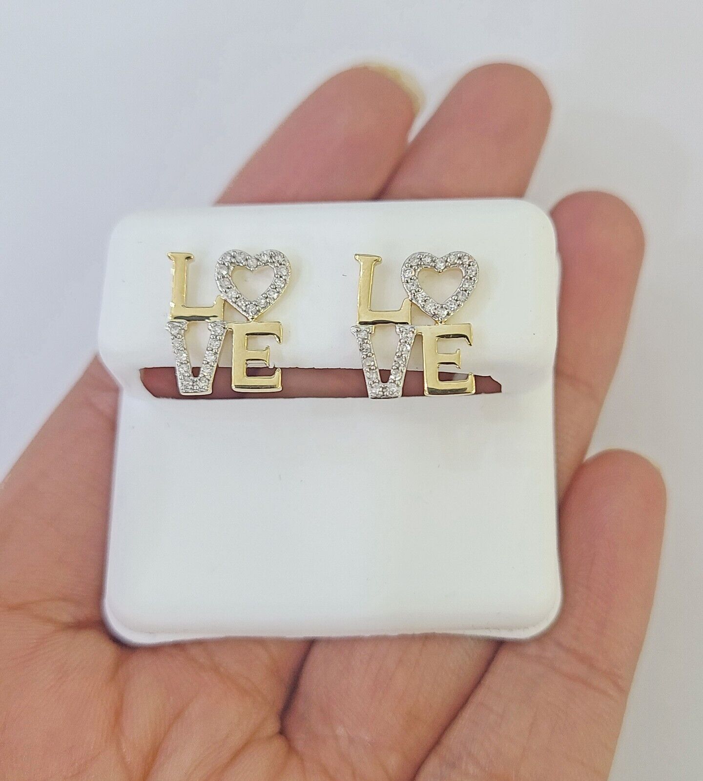 10k Yellow gold LOVE Heart Earrings Real Diamond screw - back Women Men studs - GoldenlinQ