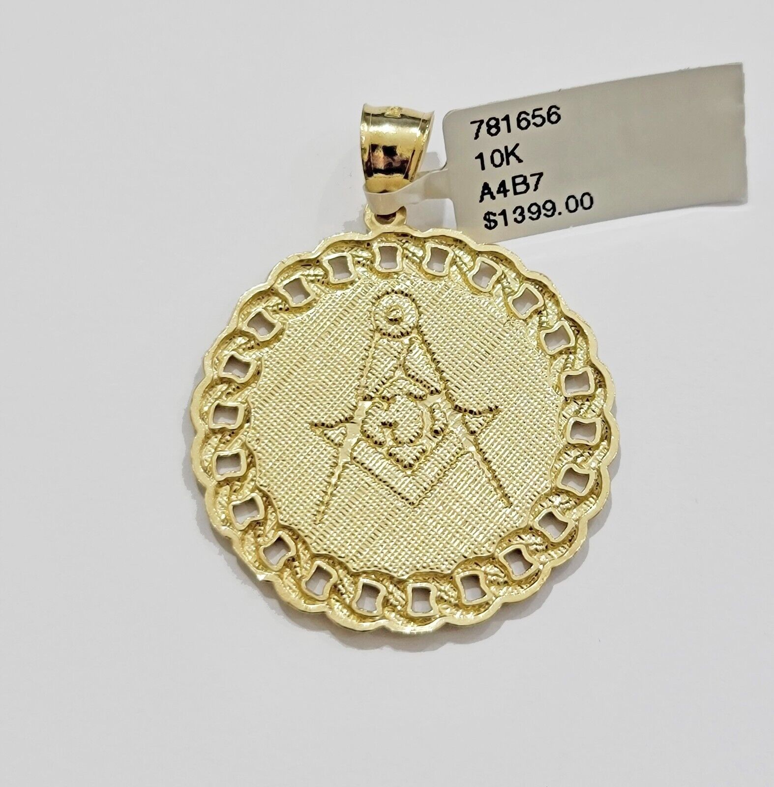 10k Yellow Gold masonic Charm pendant with cuban link circular Christmas Sale - GoldenLinQ