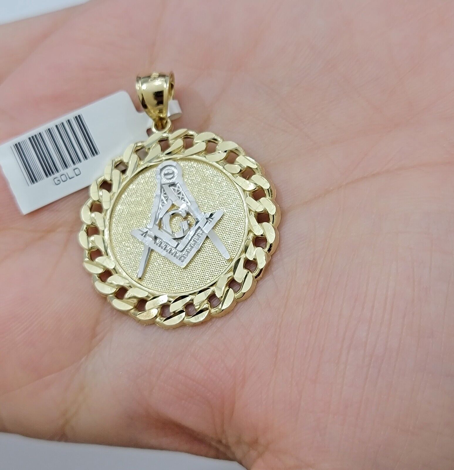 10k Yellow Gold masonic Charm pendant with cuban link circular Christmas Sale - GoldenLinQ
