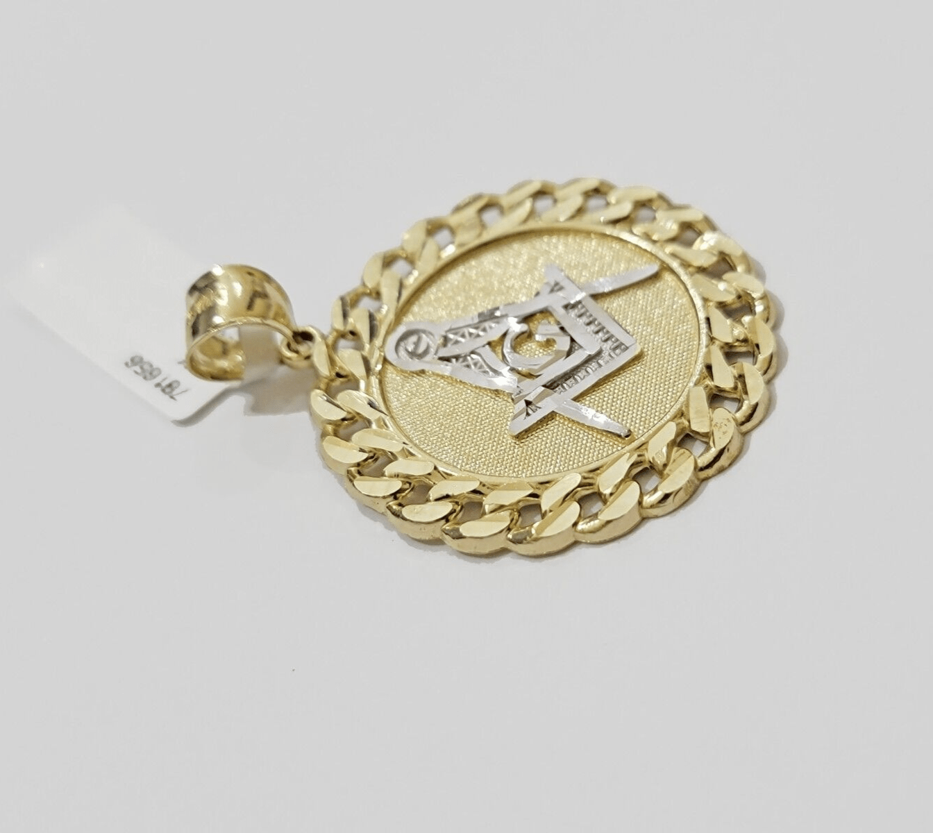 10k Yellow Gold masonic Charm pendant with cuban link circular Christmas Sale - GoldenLinQ