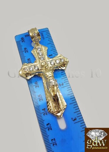 10k Yellow Gold Men Cross Charm Pendant Diamond Cut Angel Jesus Crucifix - GoldenlinQ