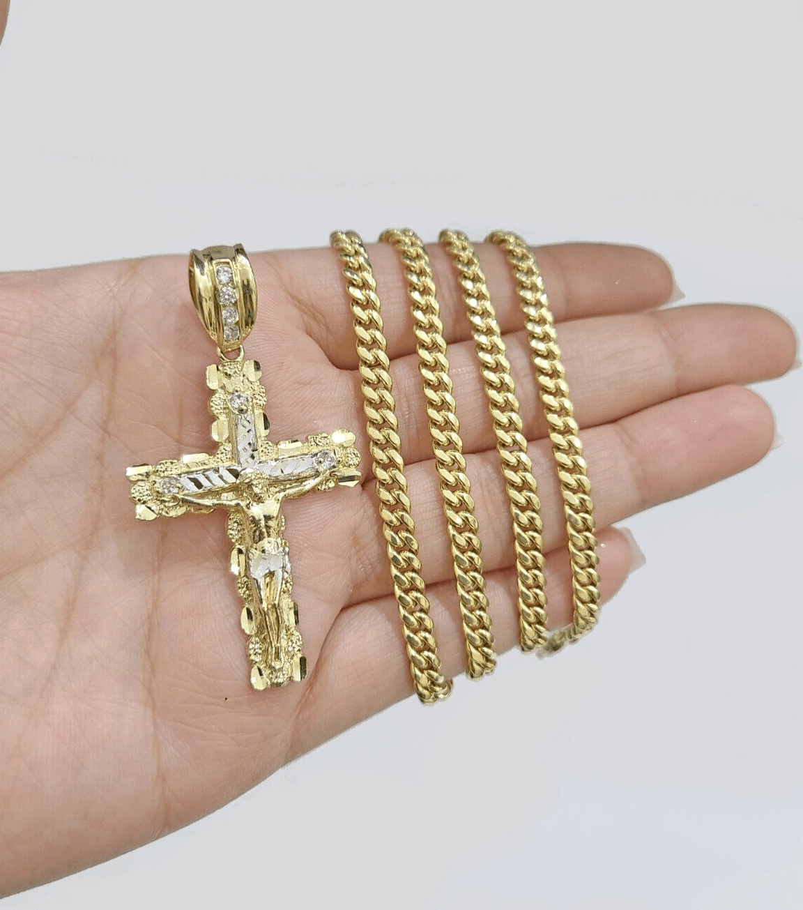 10k Yellow Gold Miami Cuban Chain 5mm 18" inch Necklace Jesus Cross Charm Real - GoldenlinQ