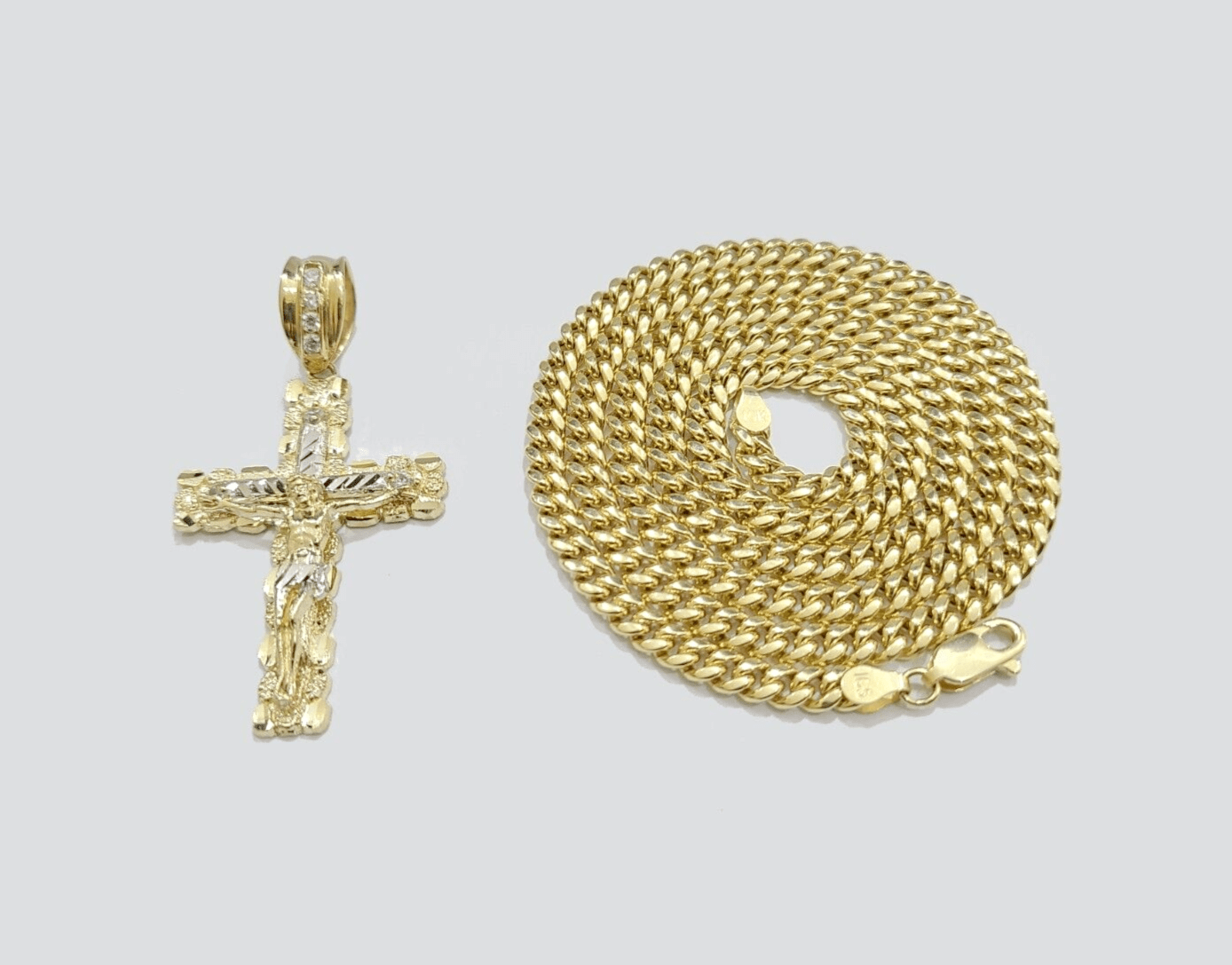 10k Yellow Gold Miami Cuban Chain 5mm 18" inch Necklace Jesus Cross Charm Real - GoldenlinQ