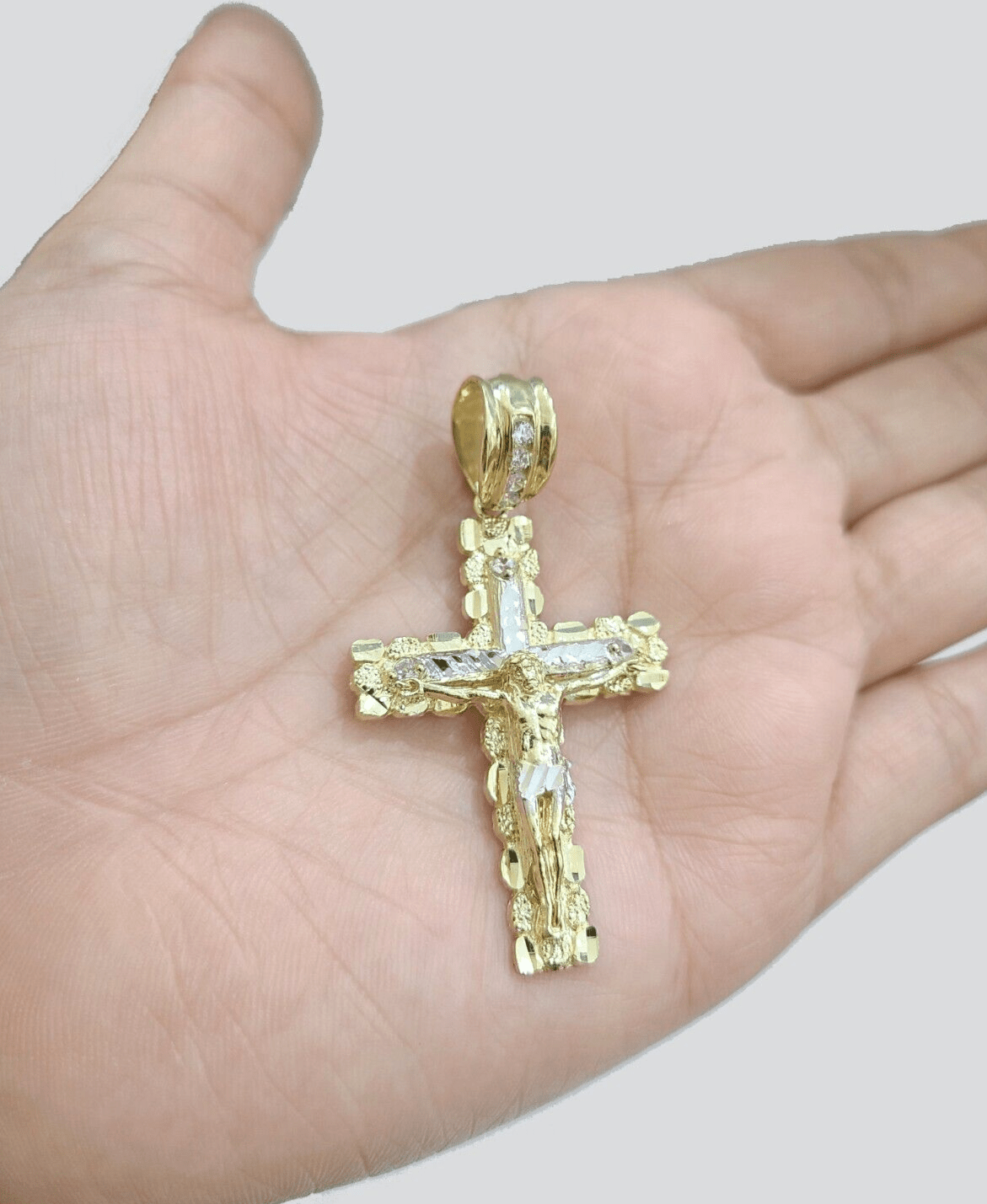 10k Yellow Gold Miami Cuban Chain 5mm 24" inch Necklace Jesus Cross Charm Real - GoldenlinQ