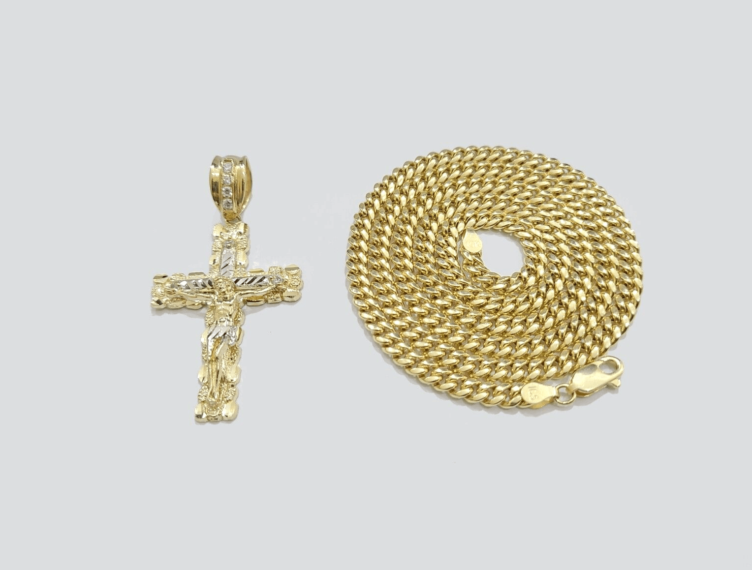 10k Yellow Gold Miami Cuban Chain 5mm 24" inch Necklace Jesus Cross Charm Real - GoldenlinQ