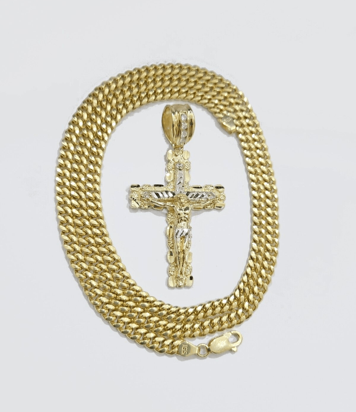 10k Yellow Gold Miami Cuban Chain 5mm 24" inch Necklace Jesus Cross Charm Real - GoldenlinQ