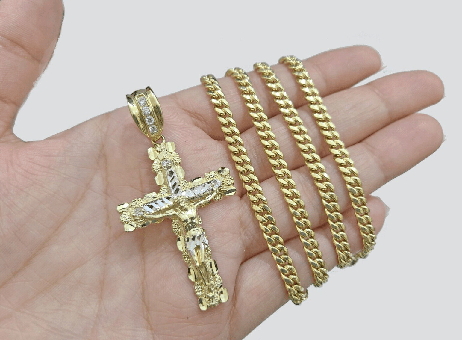 10k Yellow Gold Miami Cuban Chain 5mm 30" inch Necklace Jesus Cross Charm Real - GoldenlinQ