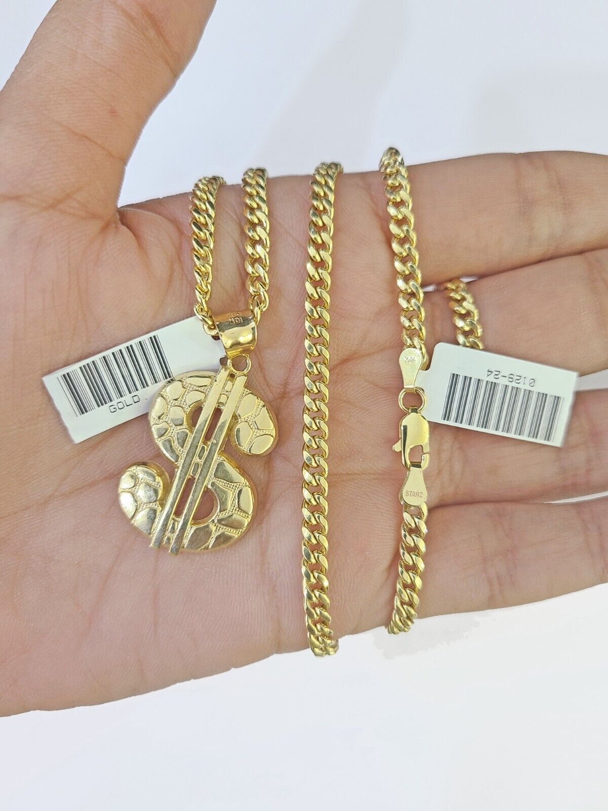 10k Yellow Gold Miami Cuban Chain & Dollar Charm Pendent SET 3mm 22 Inches - GoldenlinQ