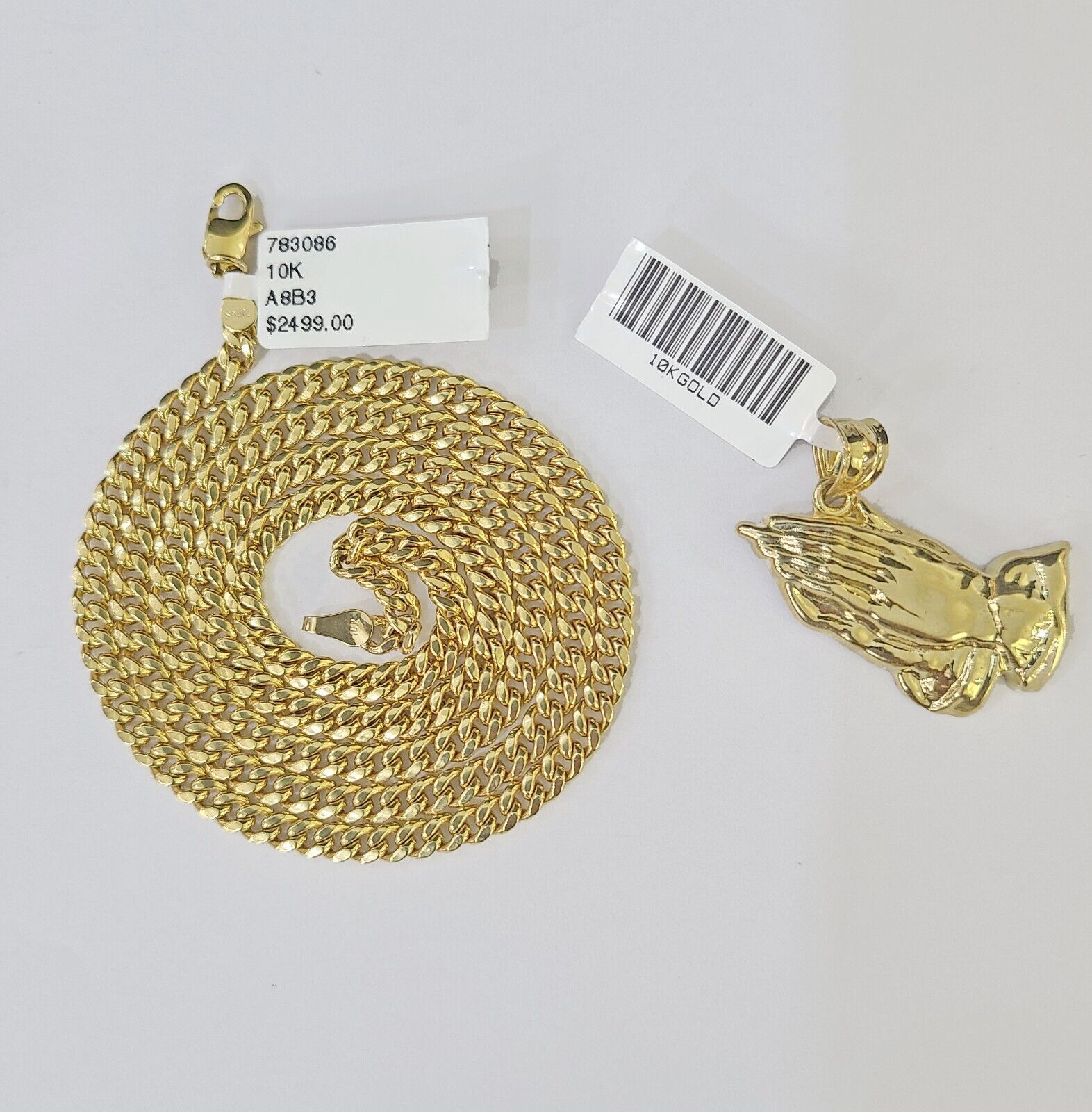 10k Yellow Gold Miami Cuban Chain & Praying Hands Charm SET 3mm 22 Inches - GoldenlinQ