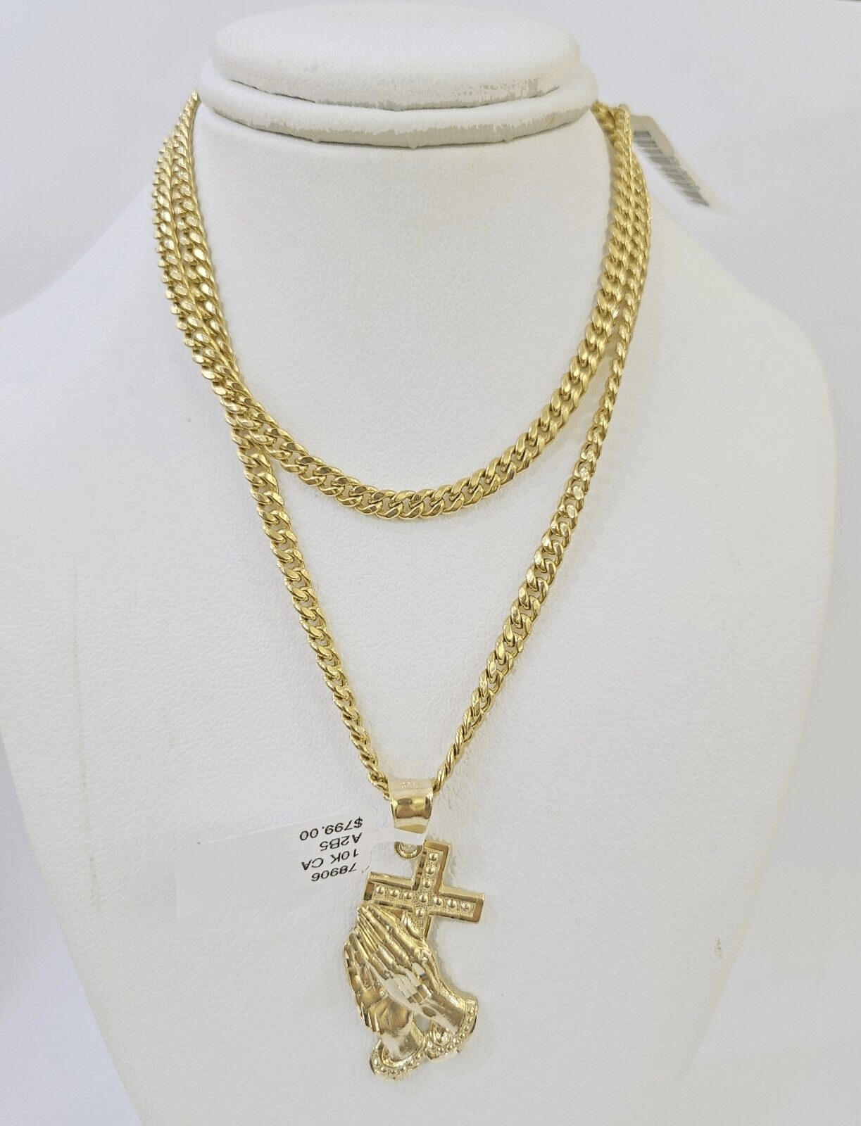 10k Yellow Gold Miami Cuban Chain & Praying Hands Cross Charm SET 3mm 22 Inches - GoldenlinQ