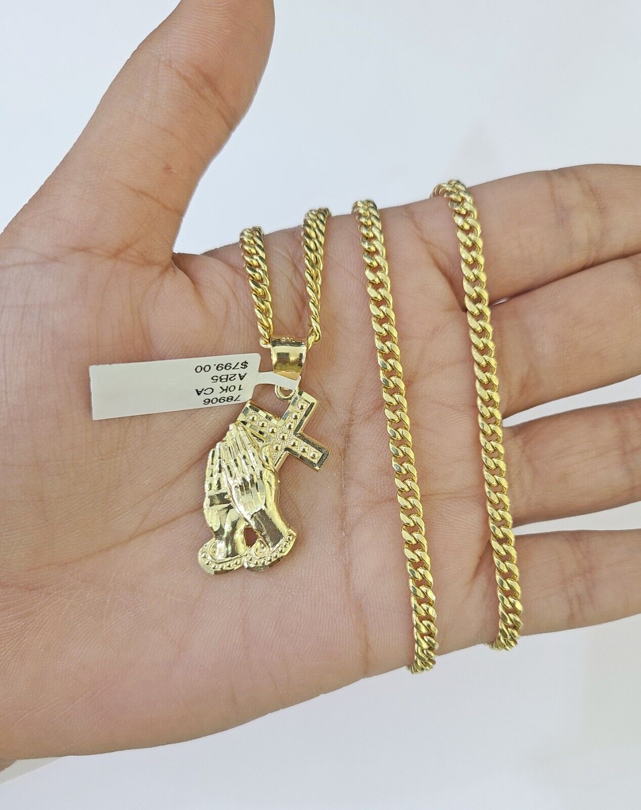 10k Yellow Gold Miami Cuban Chain & Praying Hands Cross Charm SET 3mm 22 Inches - GoldenlinQ